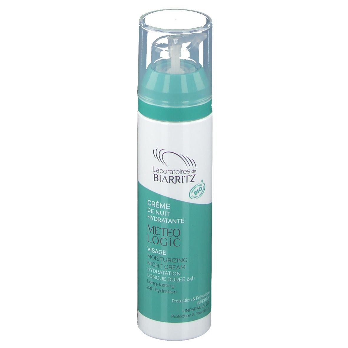 Creme-Spenderflasche, weiß-türkis. Aufschrift: Laboratoires de BIARRITZ, Crème de Nuit Hydratante, METEO LOGIC, Visage.