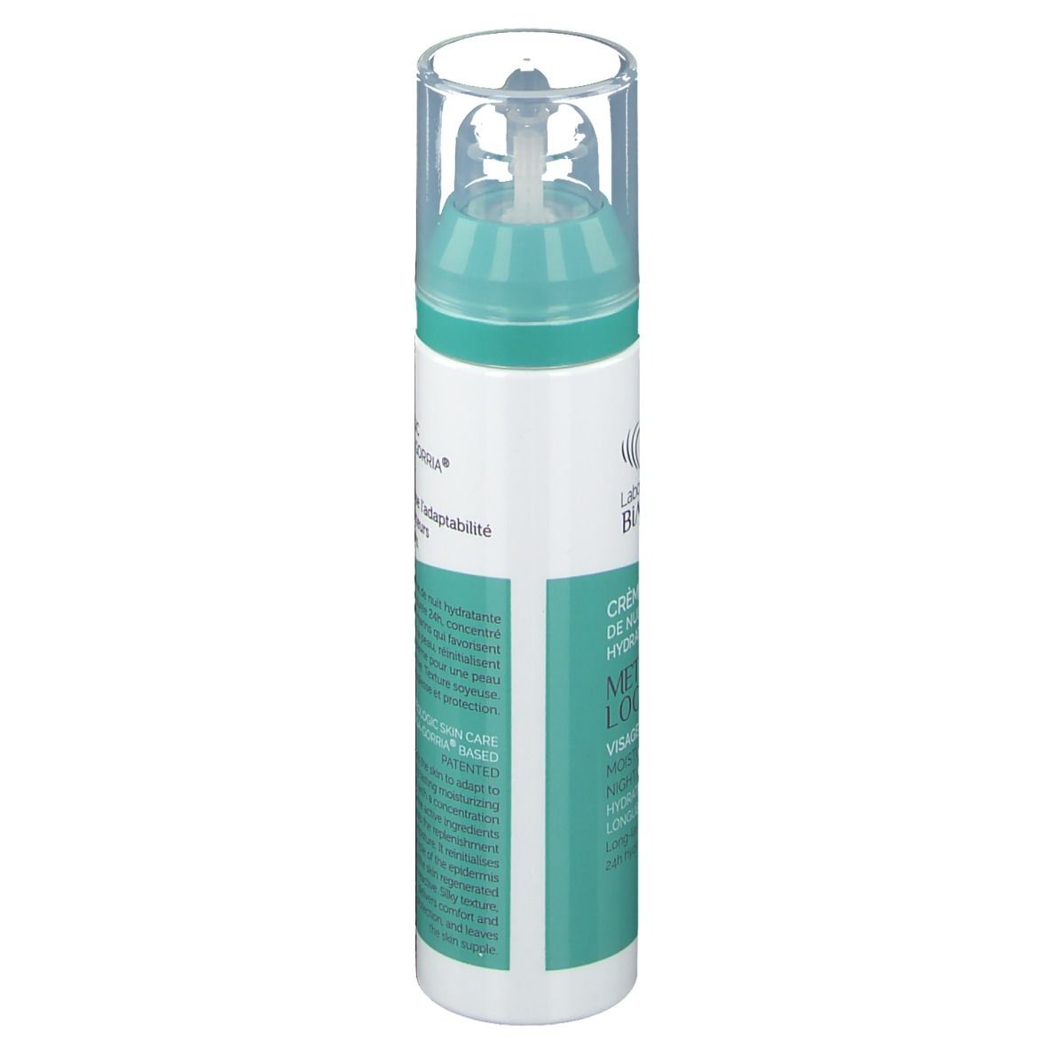 Creme-Spenderflasche, Seitenansicht. Text: Laboratoires de BIARRITZ, Crème de Nuit Hydratante, METEO LOGIC, Visage.