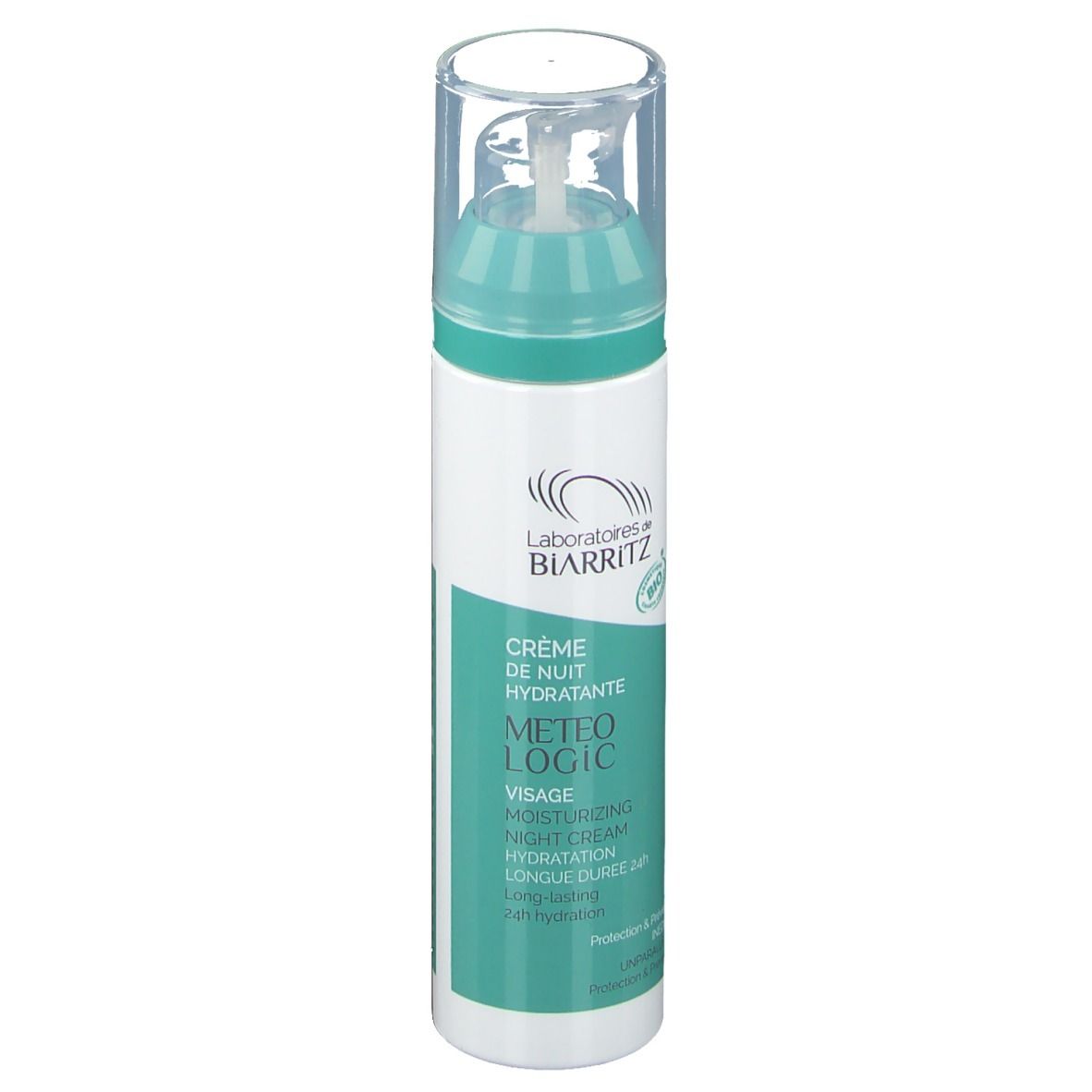 Creme-Spenderflasche, weiß-türkis. Aufschrift: Laboratoires de BIARRITZ, Crème de Nuit Hydratante, METEO LOGIC, Visage.