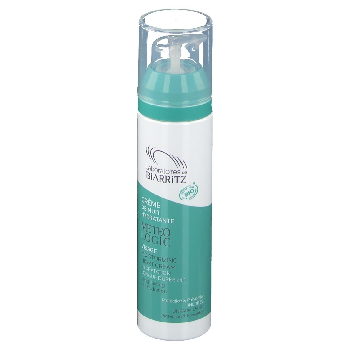 Creme-Spenderflasche, weiß-türkis. Aufschrift: Laboratoires de BIARRITZ, Crème de Nuit Hydratante, METEO LOGIC, Visage, BIO.