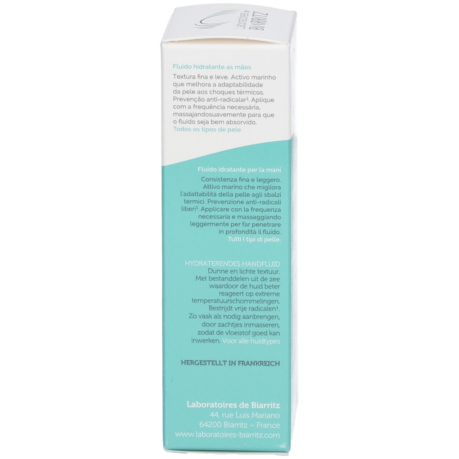 Rückseite der Produktverpackung. Text in mehreren Sprachen. Logo Laboratoires de Biarritz. Bio-Siegel.