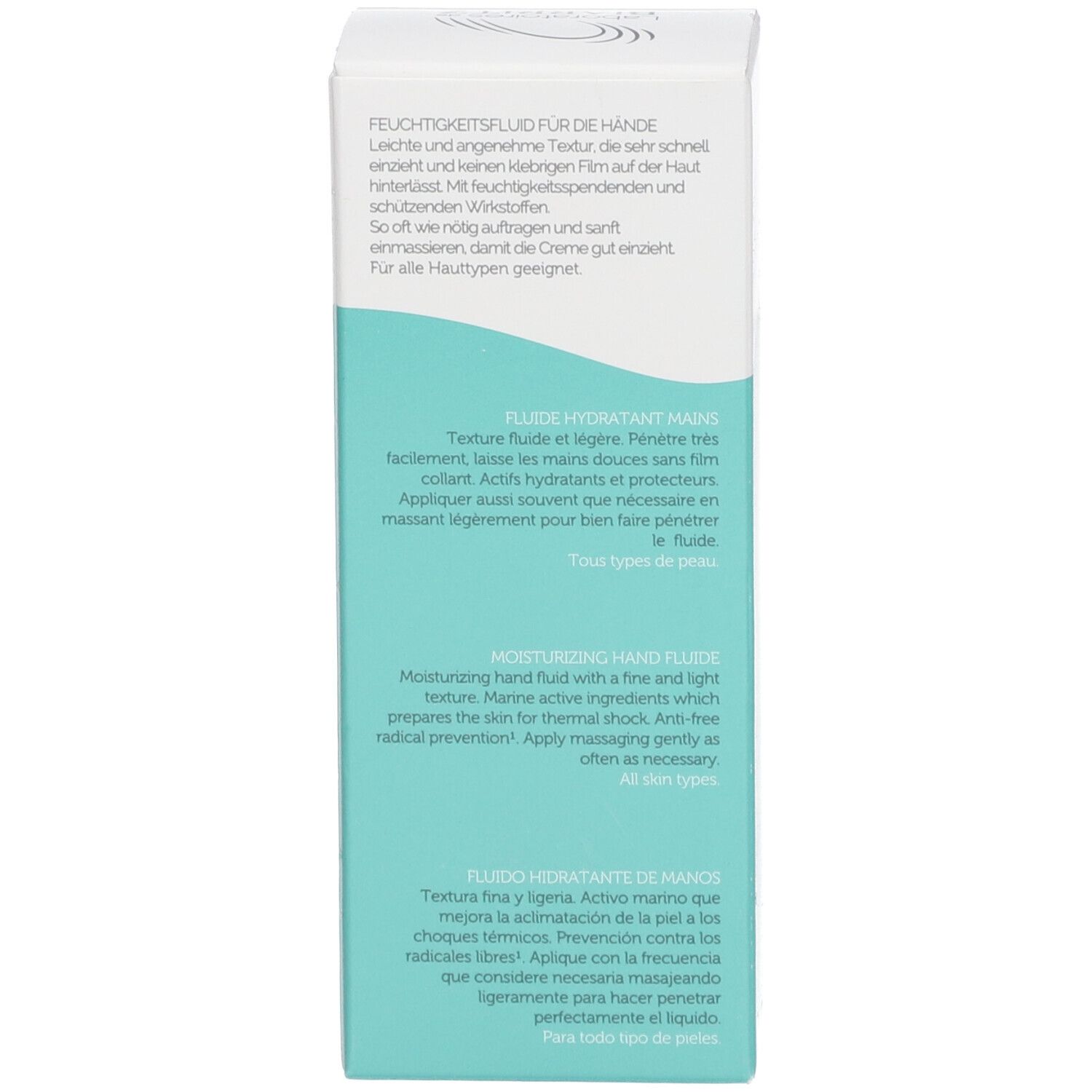 Seite der Produktverpackung. Text in mehreren Sprachen. Logo Laboratoires de Biarritz. Bio-Siegel.
