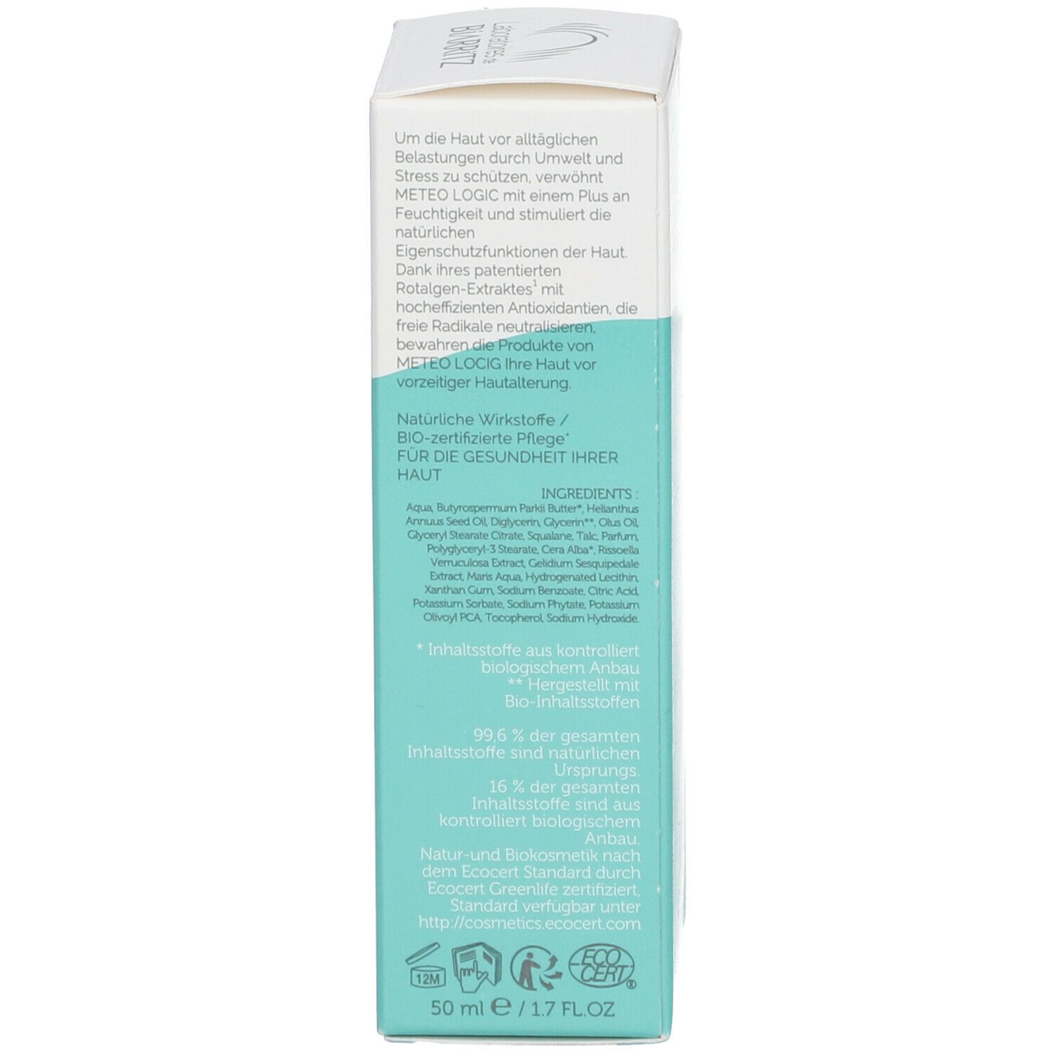 Seite der Produktverpackung. Inhaltsstoffe, Bio-Siegel, Logo Laboratoires de Biarritz. 50 ml.