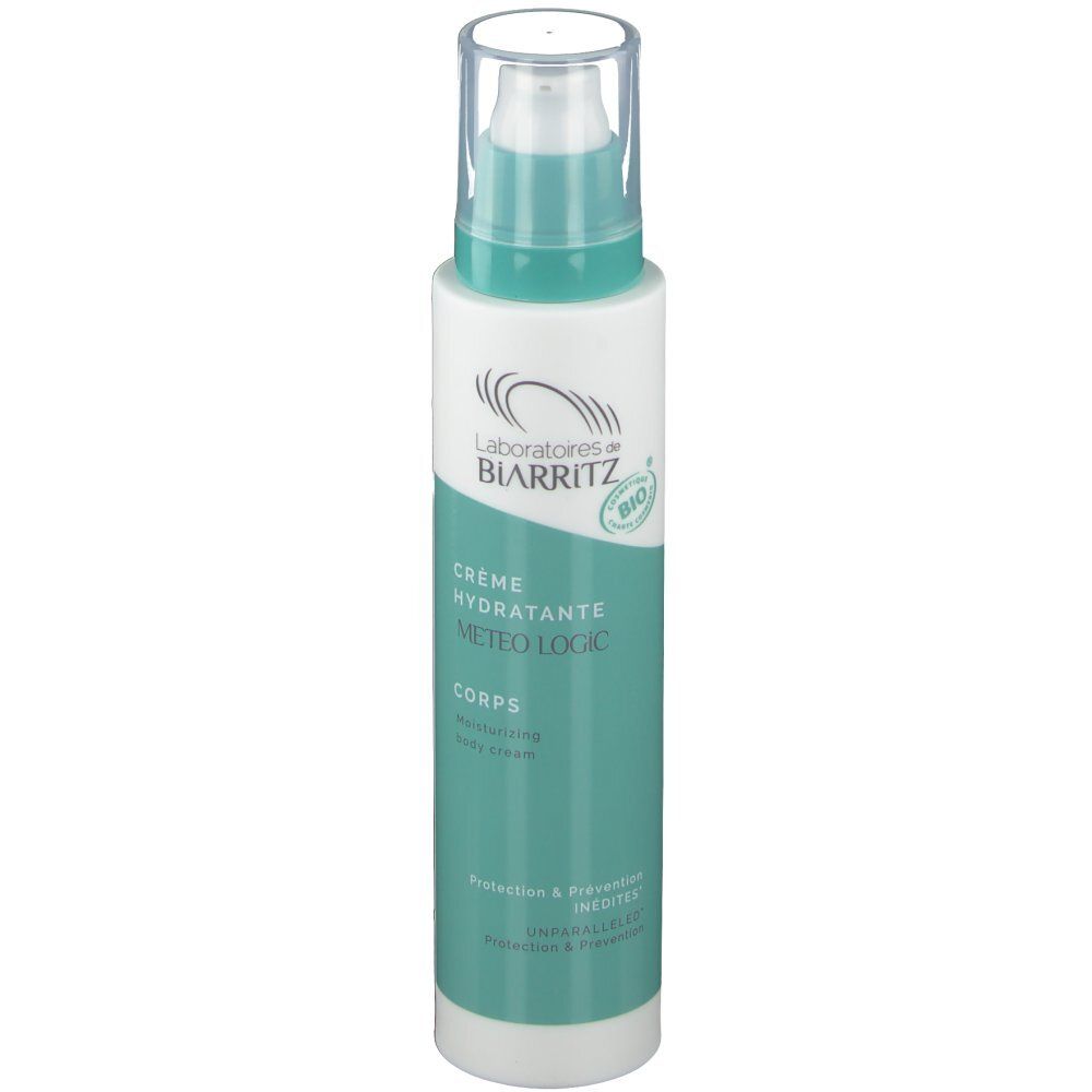Weiß-türkisfarbene Flasche mit Dosierpumpe. Aufschrift: Laboratoires de Biarritz, Crème hydratante Meteo Logic, Corps.