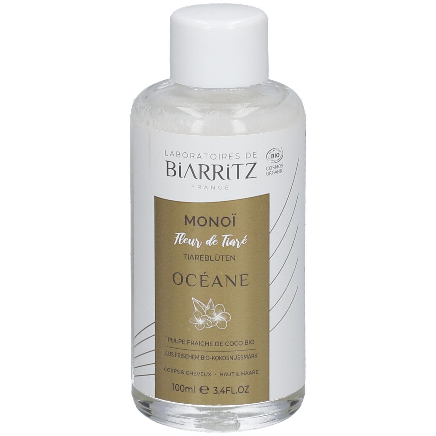 Klare Flasche mit weißem Deckel. Aufschrift: Laboratoires de Biarritz, Monoi, Fleur de Tiaré, Océane. Bio-Zertifizierung.