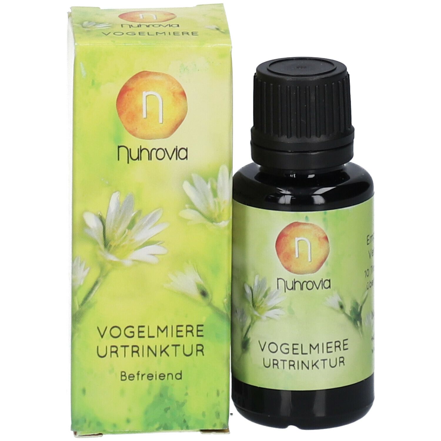 Braune Glasflasche mit schwarzem Deckel und Verpackung. Etikett mit Produktname und Logo.