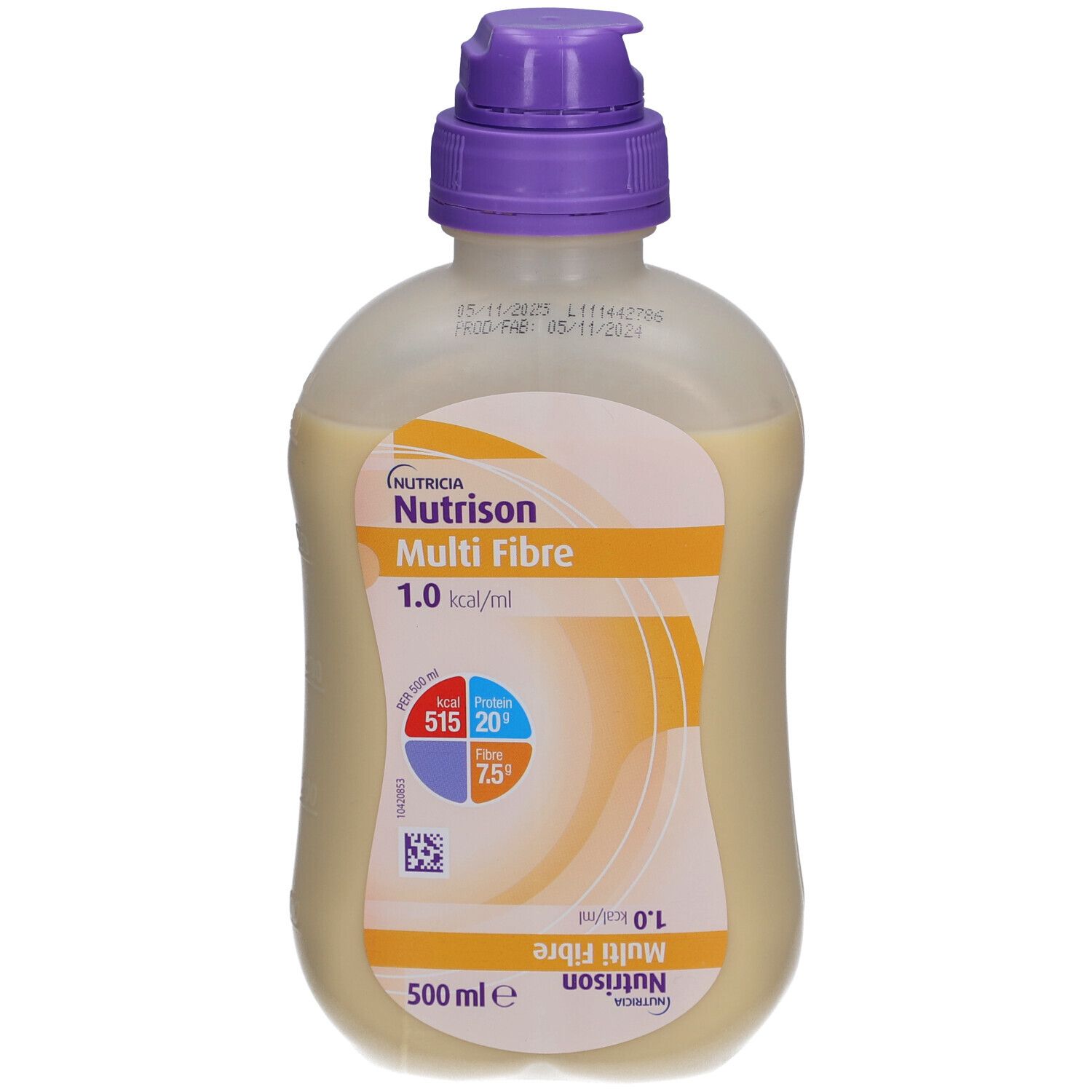 Flasche Sondennahrung, lila Verschluss. Aufdruck: Nutrison Multi Fibre, 1.0 kcal/ml. Nährwertangaben, 500 ml.