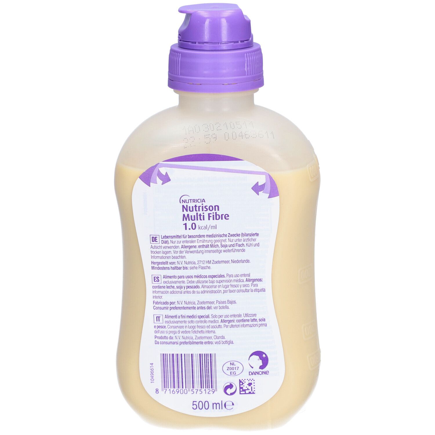 Rückseite der Sondennahrungsflasche. Aufdruck: Nutrison Multi Fibre, 1.0 kcal/ml. Text in mehreren Sprachen, 500 ml.