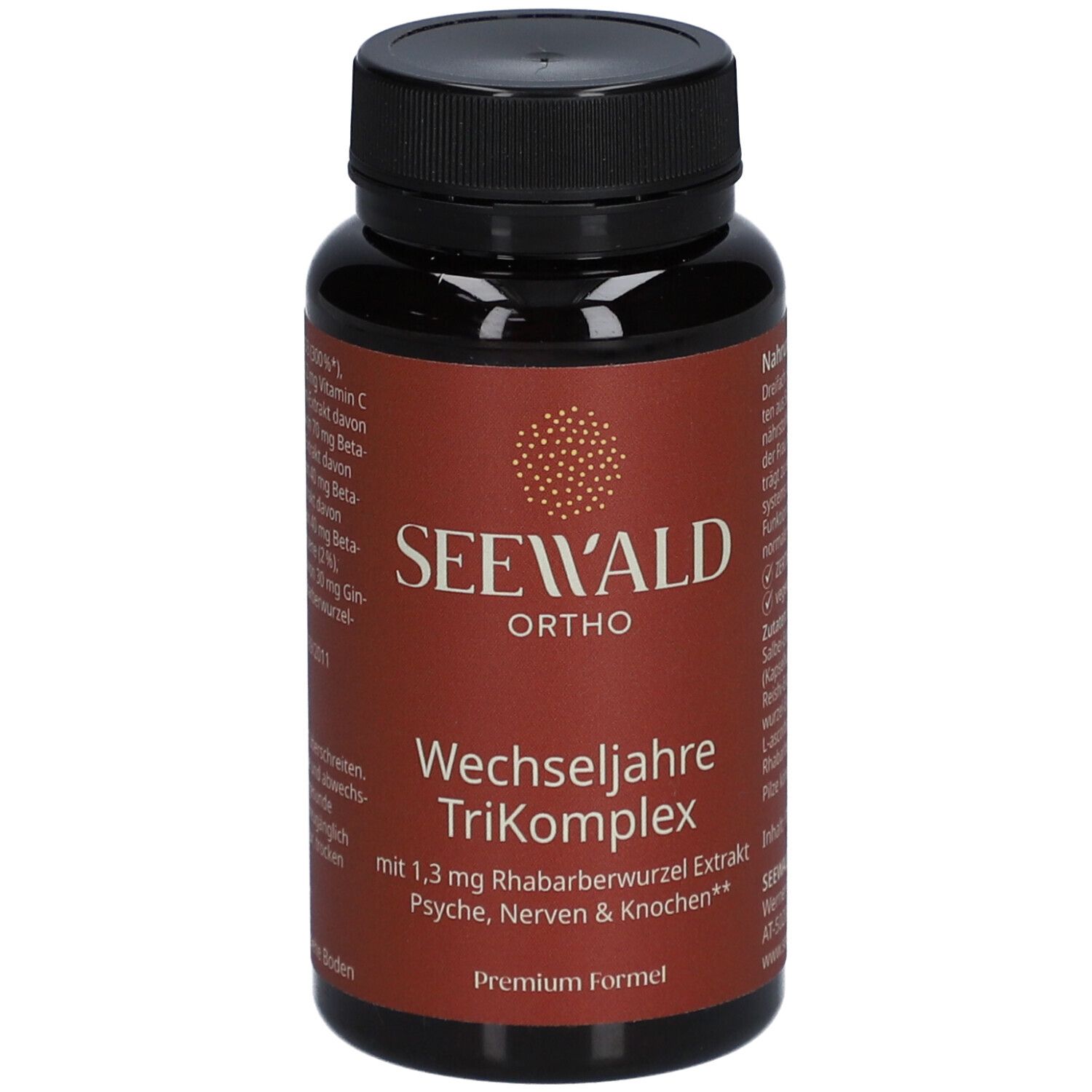 Braune Flasche mit schwarzem Deckel. Aufschrift: SEEWALD Ortho Wechseljahre TriKomplex.