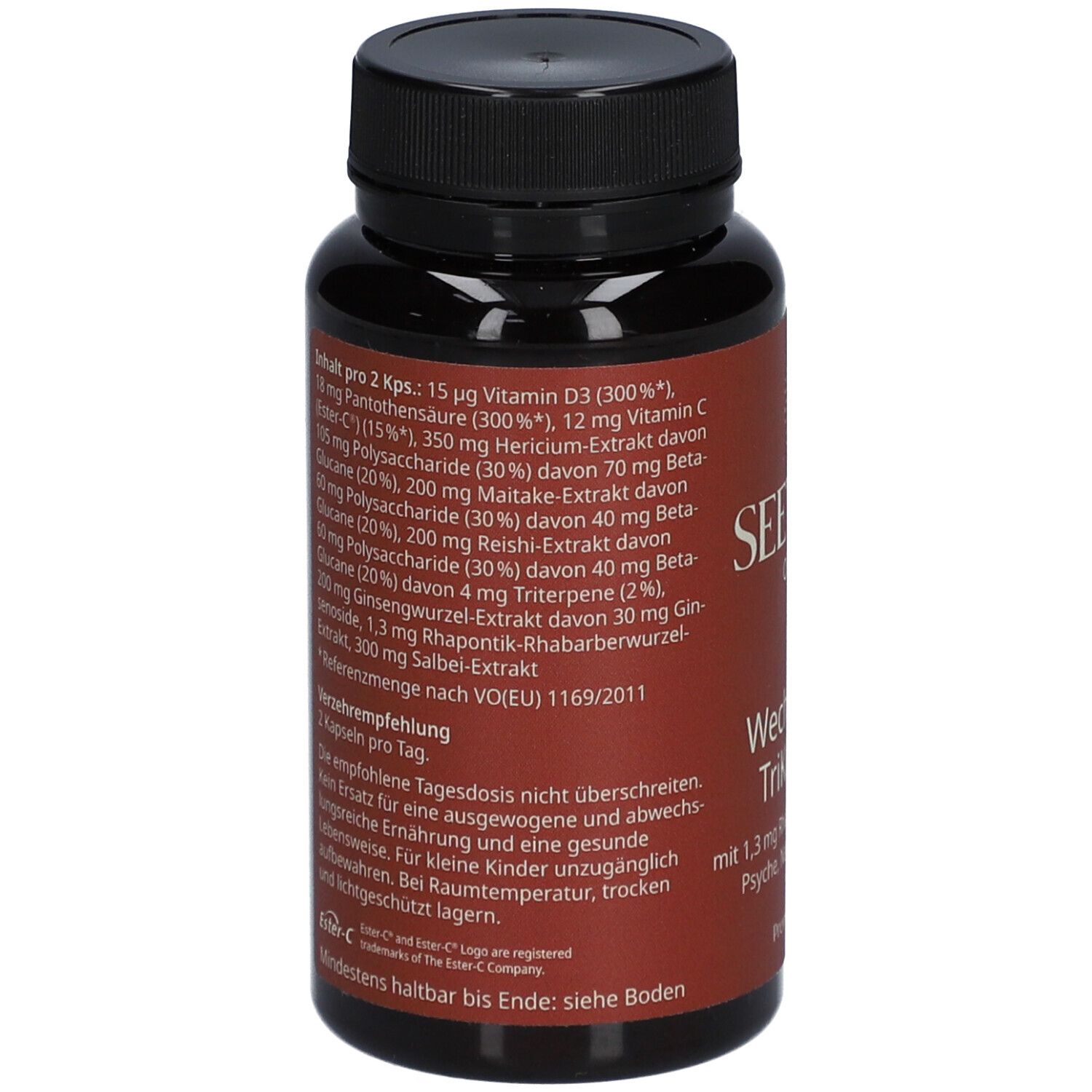 Braune Flasche mit schwarzem Deckel. Rückseite mit Inhaltsangaben und Verzehrempfehlung.