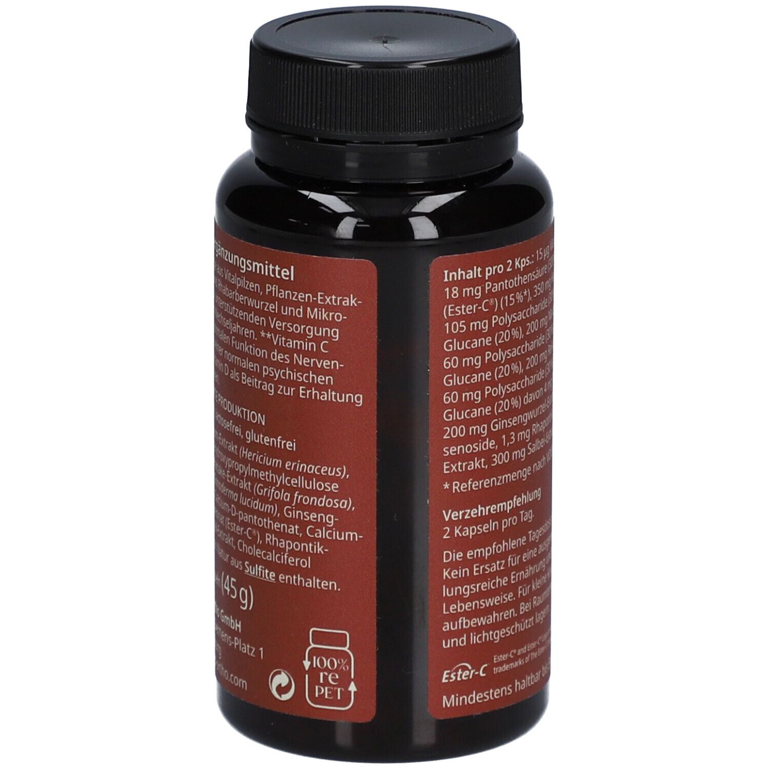 Braune Flasche mit schwarzem Deckel. Rückseite mit Inhaltsangaben und Zertifizierungen.