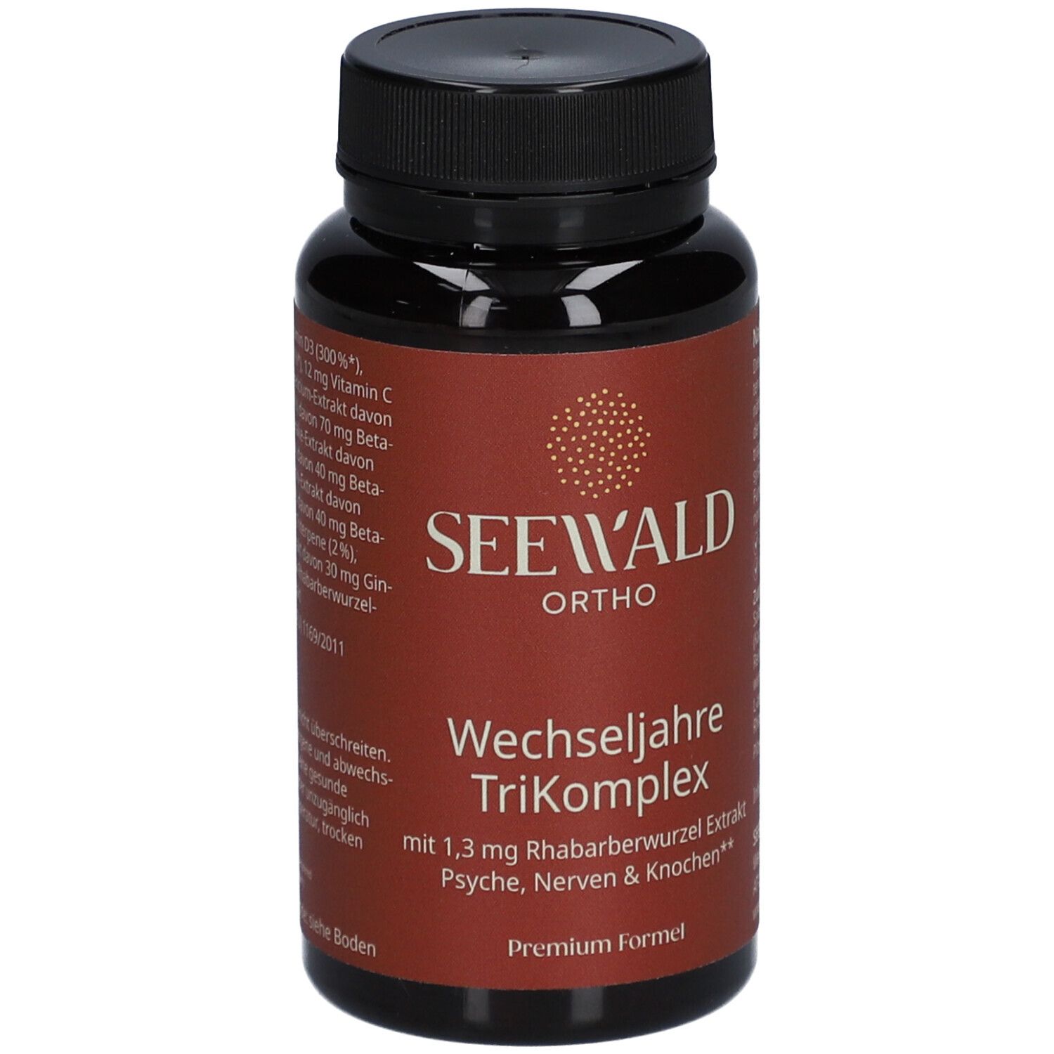 Braune Flasche mit schwarzem Deckel. Aufschrift: SEEWALD Ortho Wechseljahre TriKomplex.
