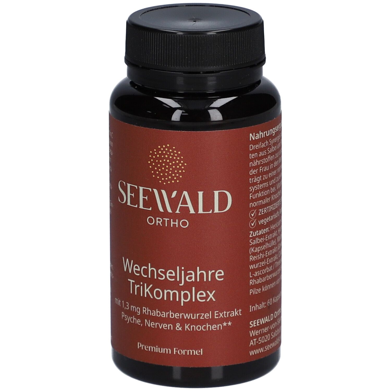 Braune Flasche mit schwarzem Deckel. Aufschrift: SEEWALD Ortho Wechseljahre TriKomplex. Zertifizierungen.