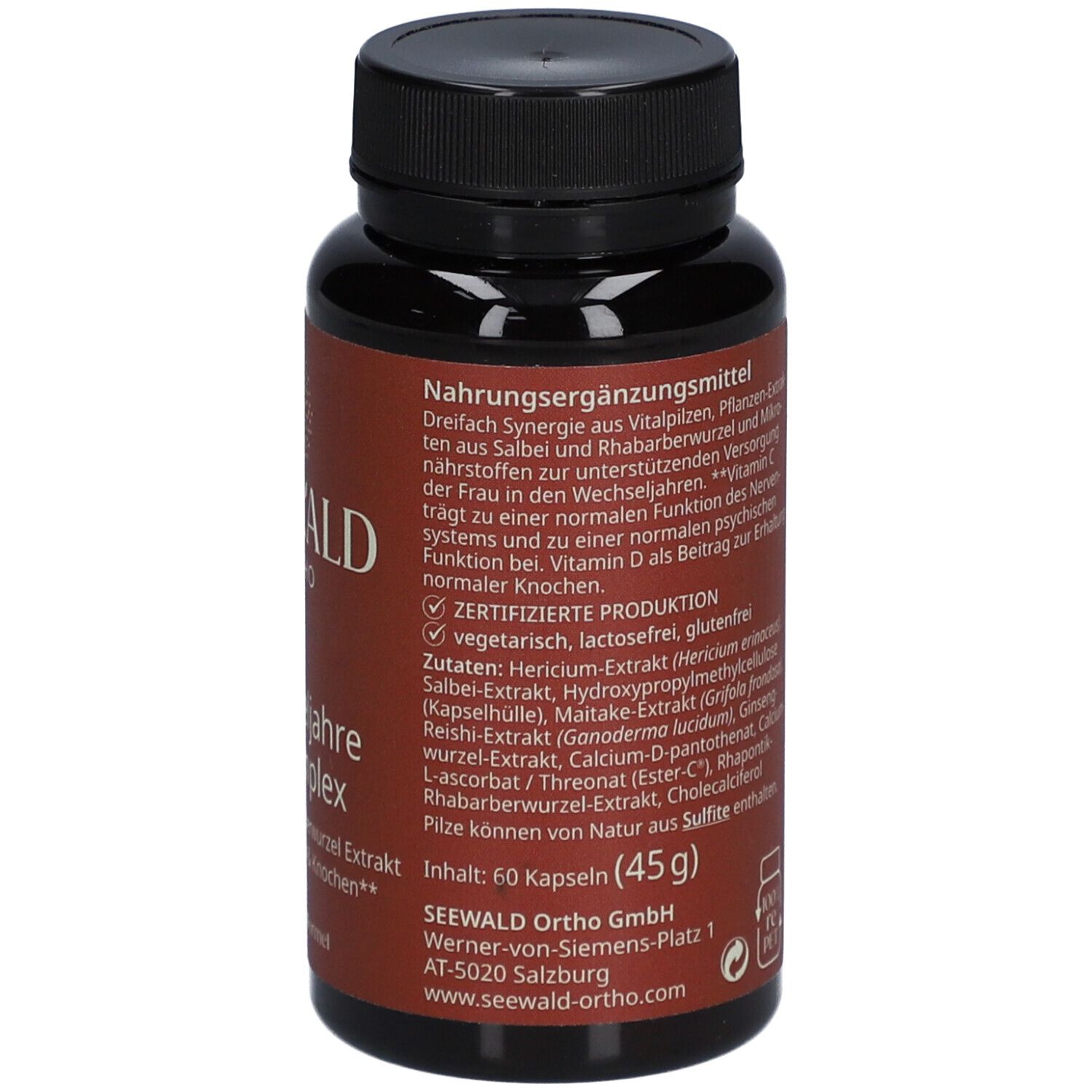 Braune Flasche mit schwarzem Deckel. Rückseite mit Inhaltsangaben, Zertifizierungen und Herstellerinformationen.