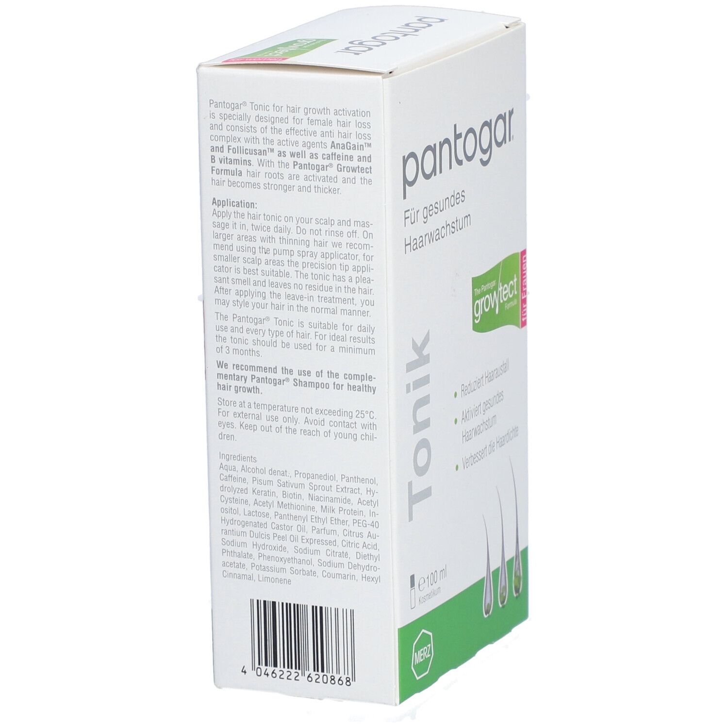 Pantogar® Tonic Faltschachtel, Rückseite. Enthält Produktinformationen und Inhaltsstoffe. Barcode unten.