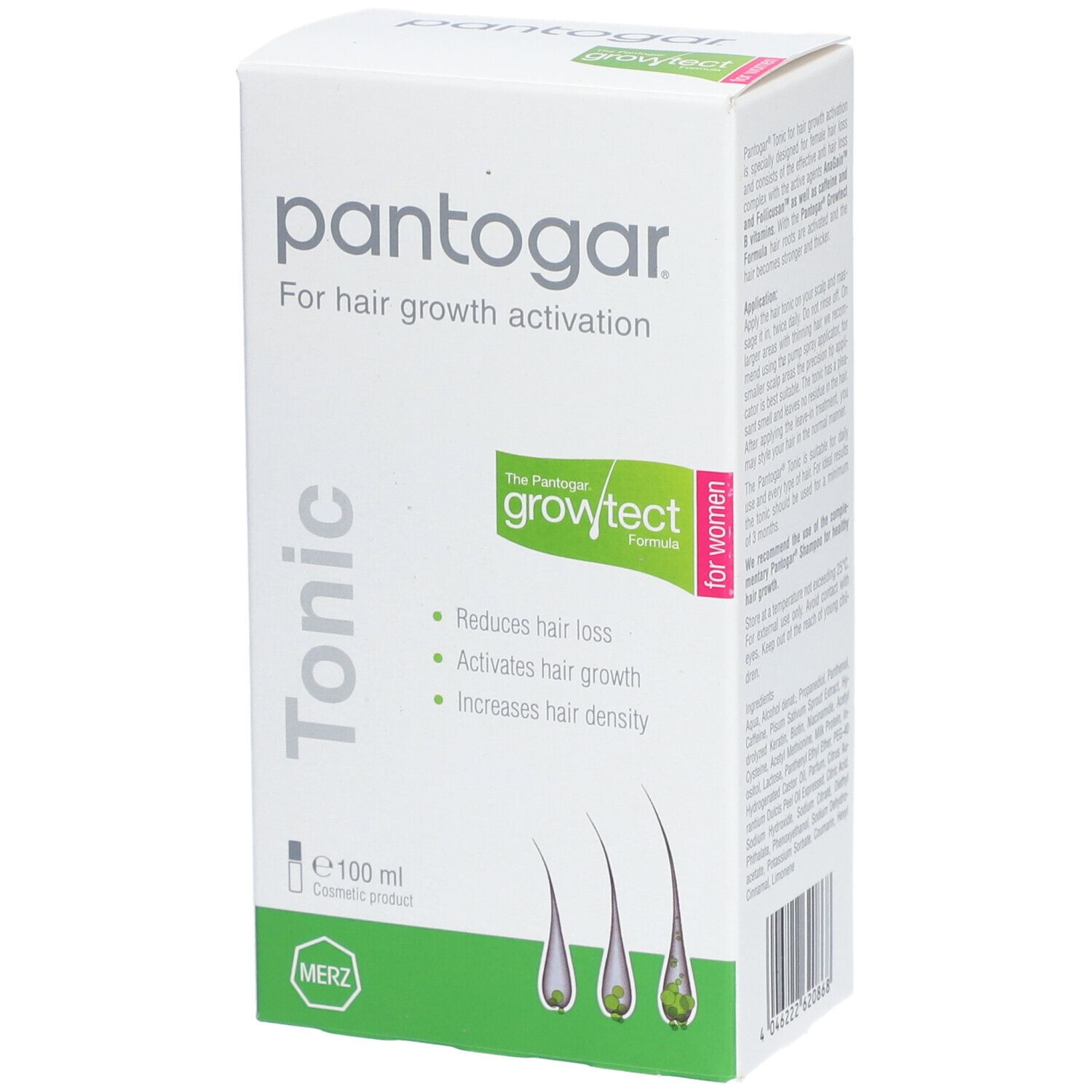 Pantogar® Tonic Faltschachtel, Vorderseite. Produktname und grüne Akzente. Enthält 100 ml.