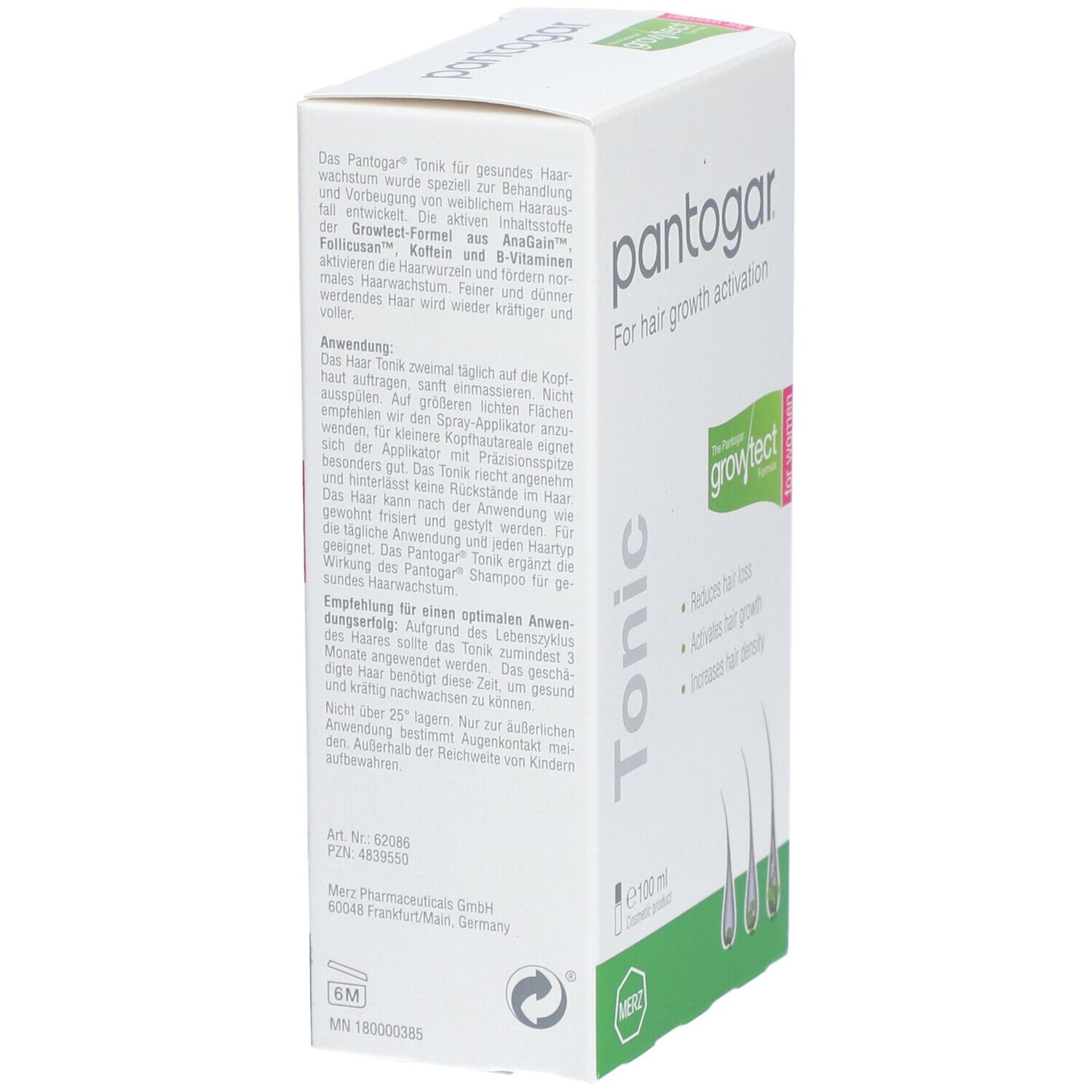 Pantogar® Tonic Faltschachtel, schräg. Produktname und grüne Akzente. Enthält 100 ml.