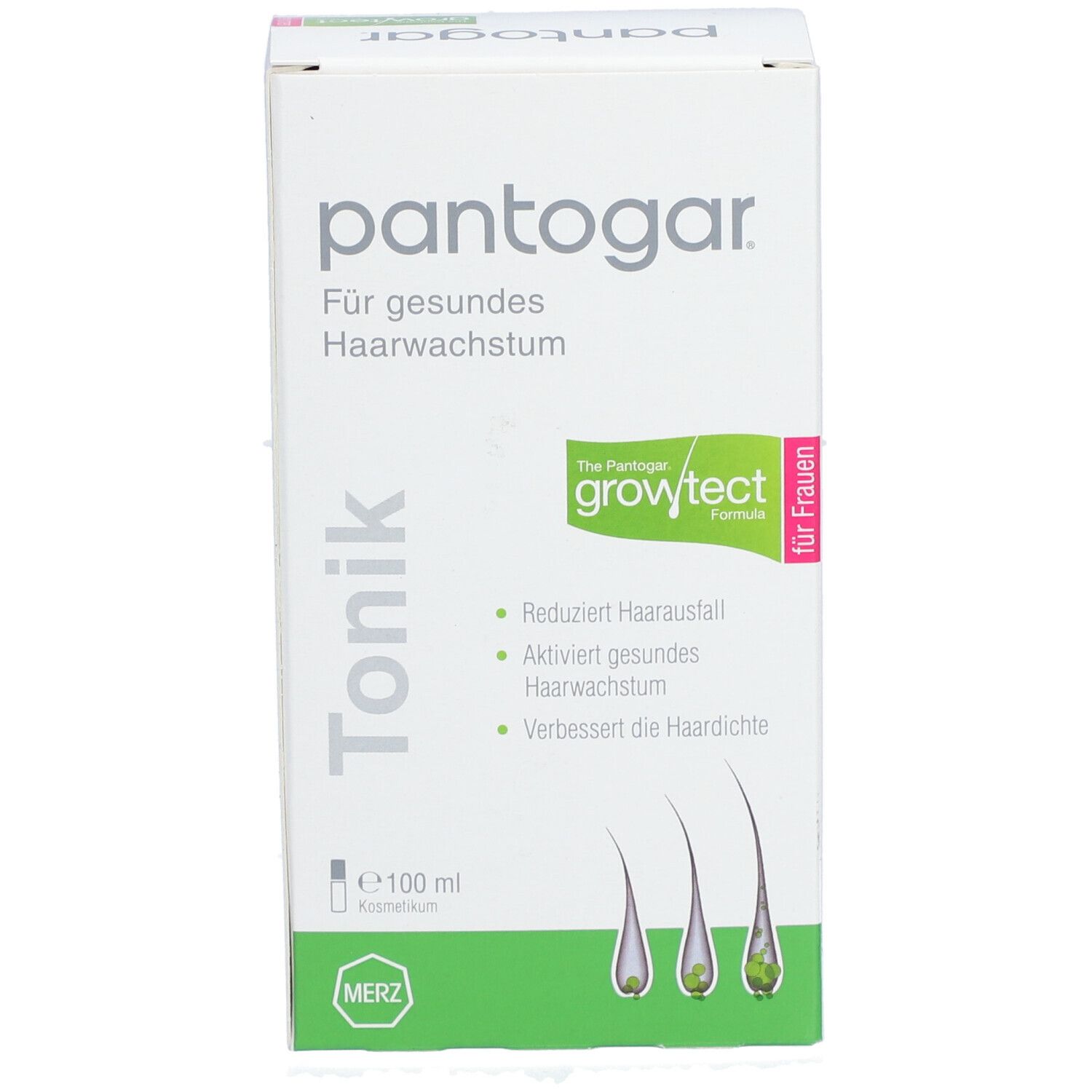 Pantogar® Tonic für Frauen. Weiße Faltschachtel mit Produktnamen und grünen Akzenten. Enthält 100 ml.