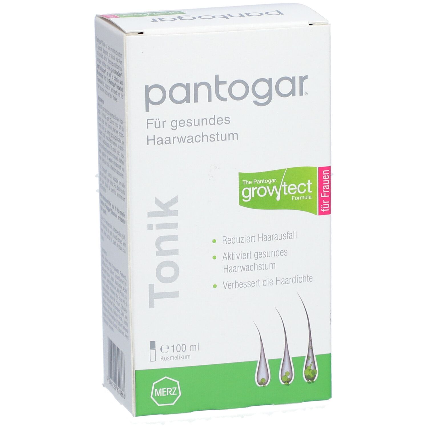Pantogar® Tonic für Frauen. Weiße Faltschachtel mit Produktnamen und grünen Akzenten. Enthält 100 ml.