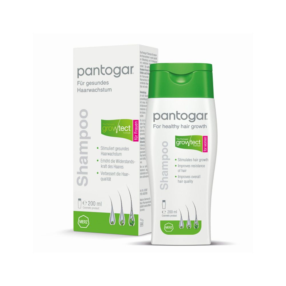 Pantogar Shampoo, Flasche und Verpackung. Grün-weiße Flasche mit grünem Deckel. Aufdrucke: Pantogar, Shampoo, 200 ml.