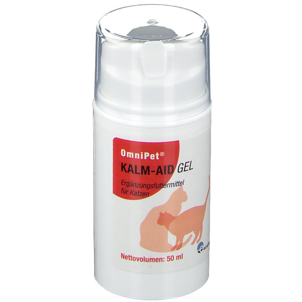 Weiße Flasche mit rotem Etikett. Aufschrift: OmniPet KALM-AID GEL für Katzen. Abbildung: Katze und Katze. Nettovolumen: 50 ml.