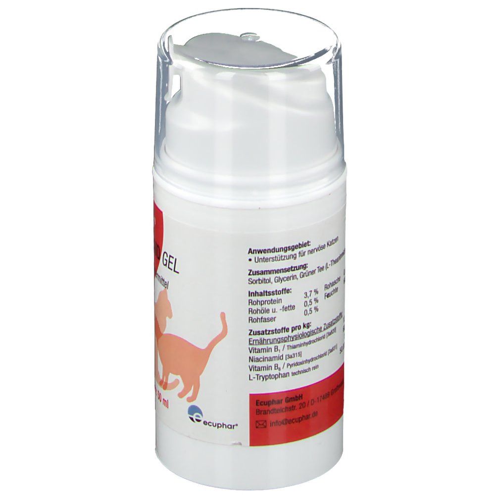 Weiße Flasche mit rotem Etikett. Text: Anwendung, Zusammensetzung, Inhaltsstoffe, Zusatzstoffe. Abbildung: Katze. Nettovolumen: 50 ml.