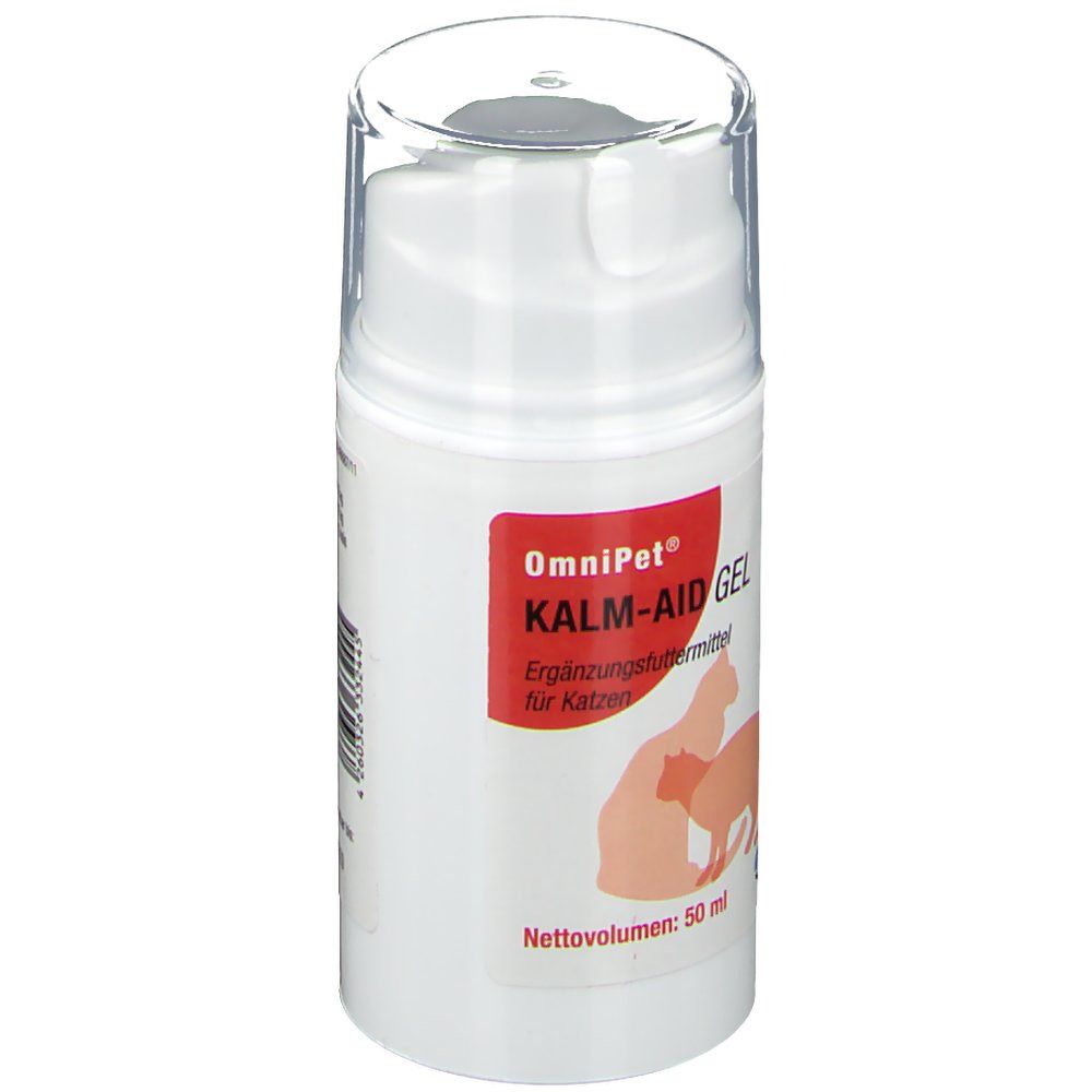 Weiße Flasche mit rotem Etikett. Aufschrift: OmniPet KALM-AID GEL für Katzen. Abbildung: Katze und Katze. Nettovolumen: 50 ml.