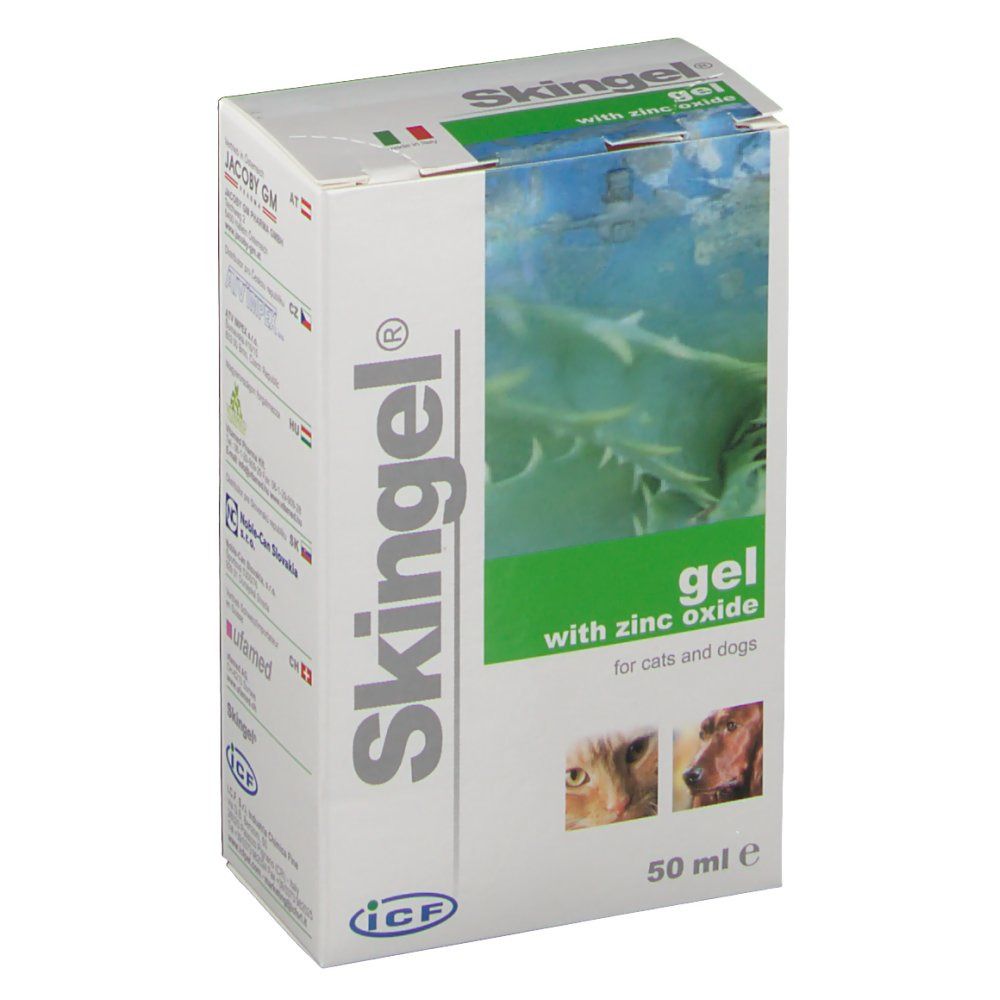 Karton mit Skingel®-Aufdruck, grüne Akzente, Produktabbildung, Text: gel with zinc oxide for cats and dogs, 50 ml.