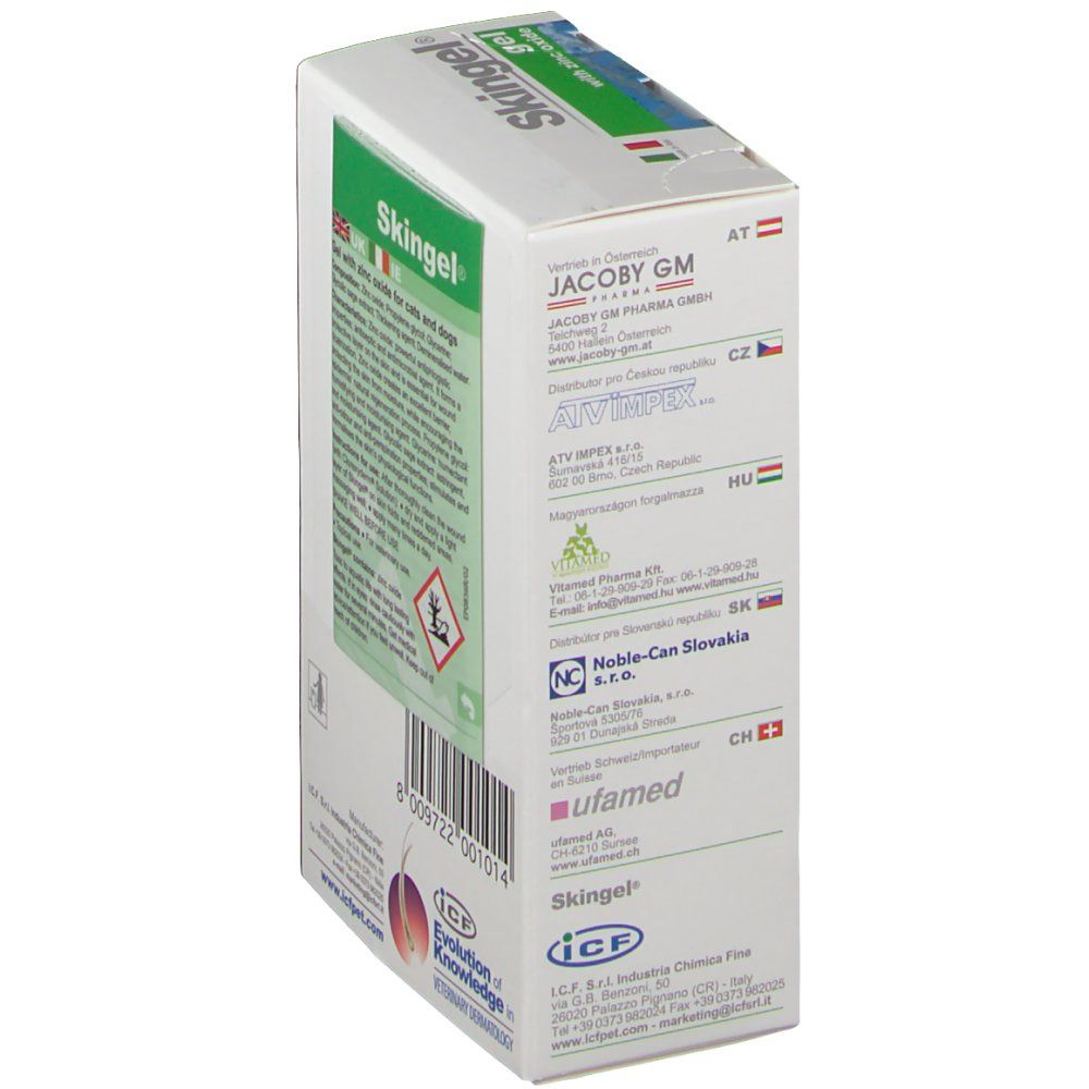 Karton Skingel®, Seitenansicht, grüne Akzente, Text: gel with zinc oxide for cats and dogs, Logos, Adressen, Barcode.