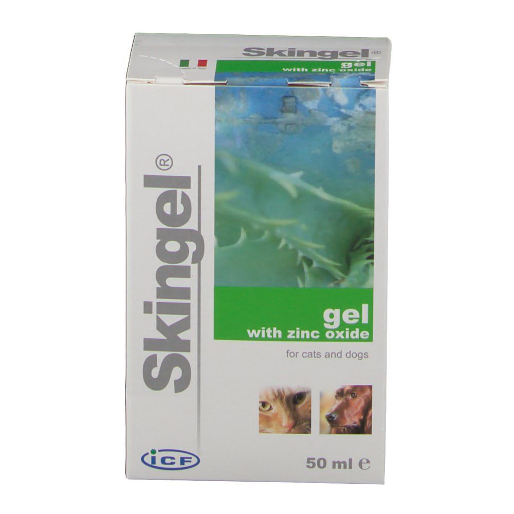 Karton Skingel®, grüne Akzente, Produktabbildung, Text: gel with zinc oxide for cats and dogs, 50 ml.