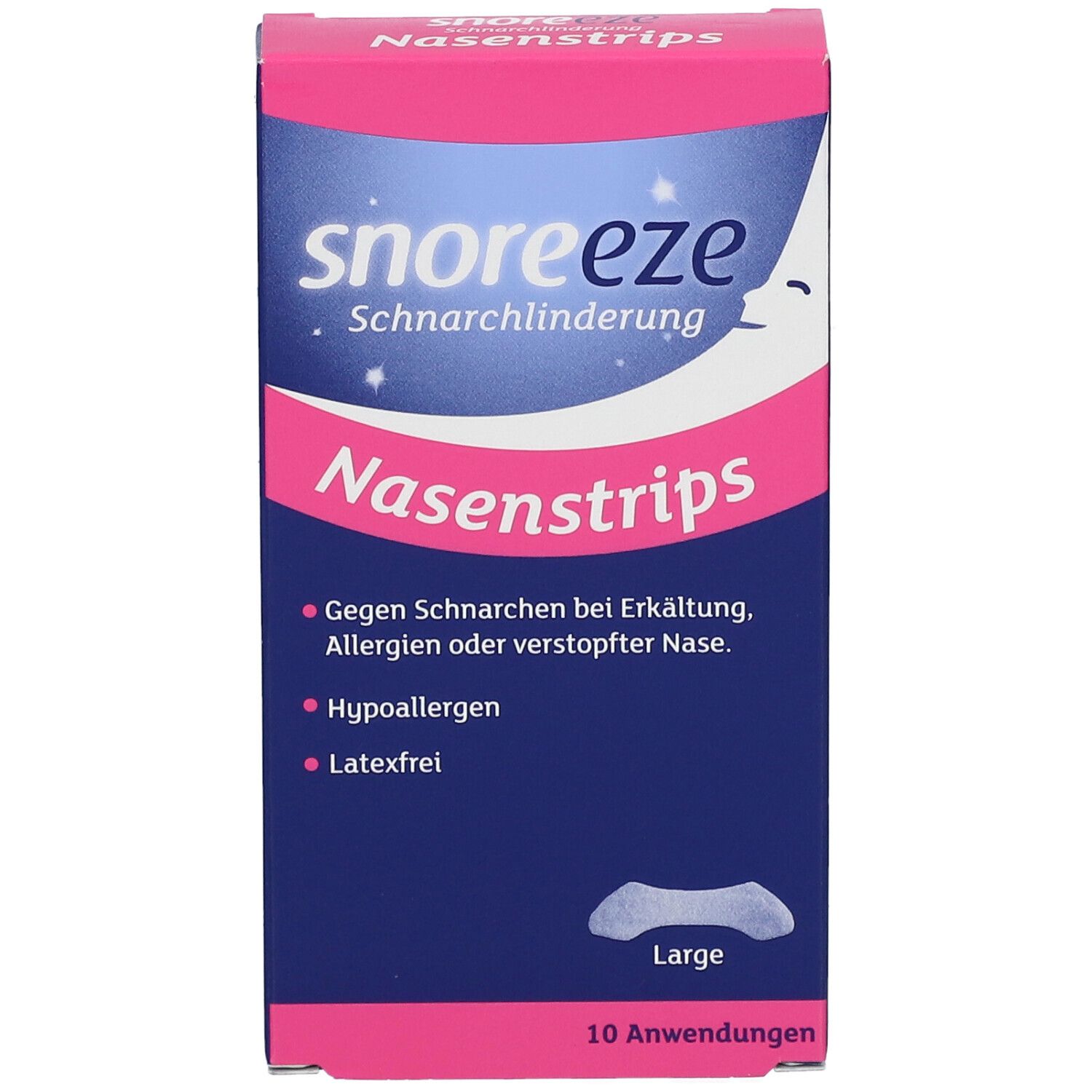 Blau-rosa Schachtel mit Nasenstrips. Aufschrift: snoreeze, Nasenstrips, Large. Gegen Schnarchen bei Erkältung, Allergien oder verstopfter Nase.