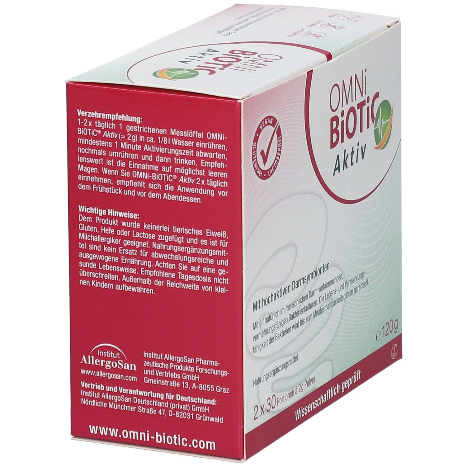 Karton OMNi BiOTiC Aktiv. Enthält Verzehrempfehlung und wichtige Hinweise. Vegan-Siegel. 120g. Herstellerinformationen.