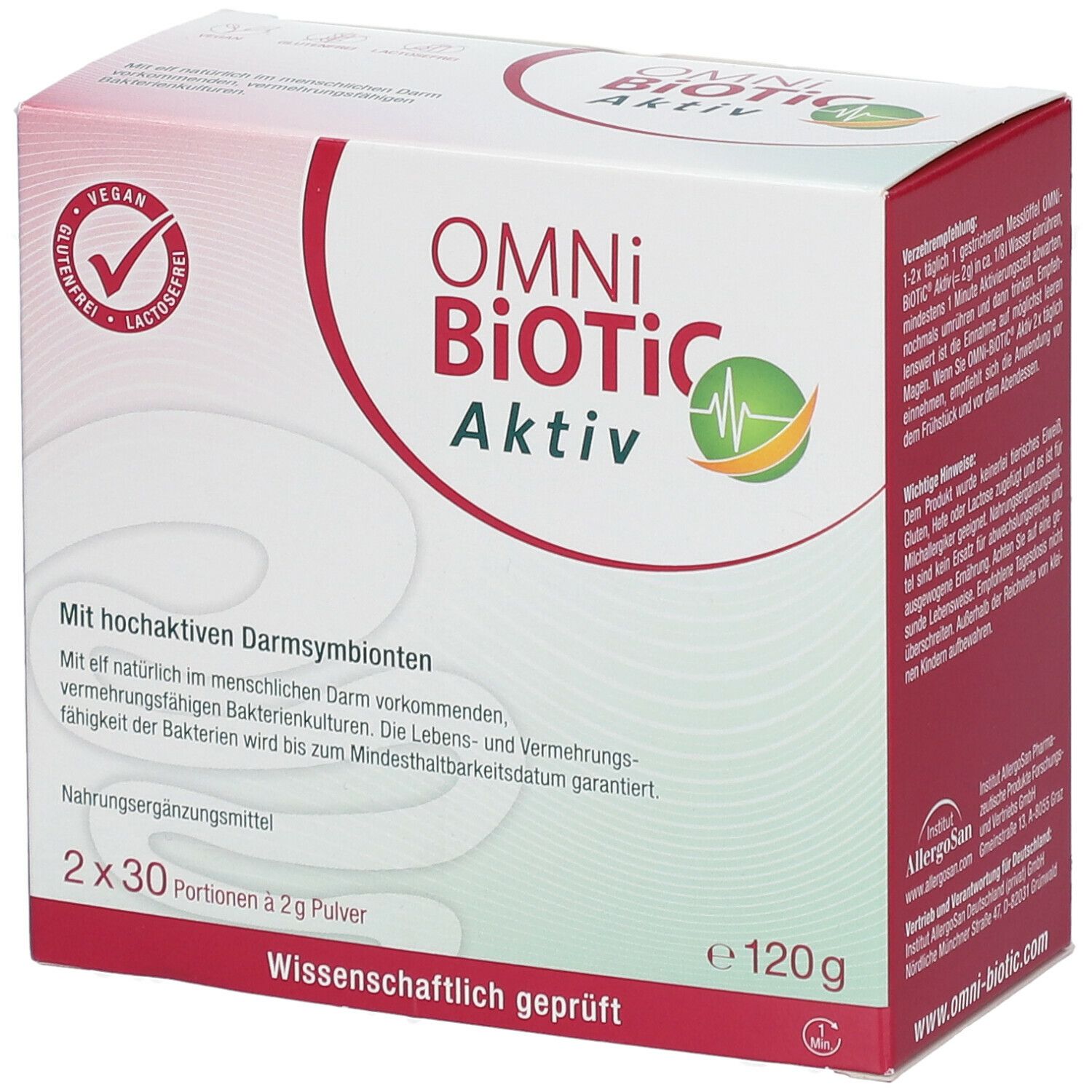 Karton OMNi BiOTiC Aktiv. Vegan, glutenfrei, laktosefrei. Enthält 2x30 Portionen Pulver. Wissenschaftlich geprüft. 120g.
