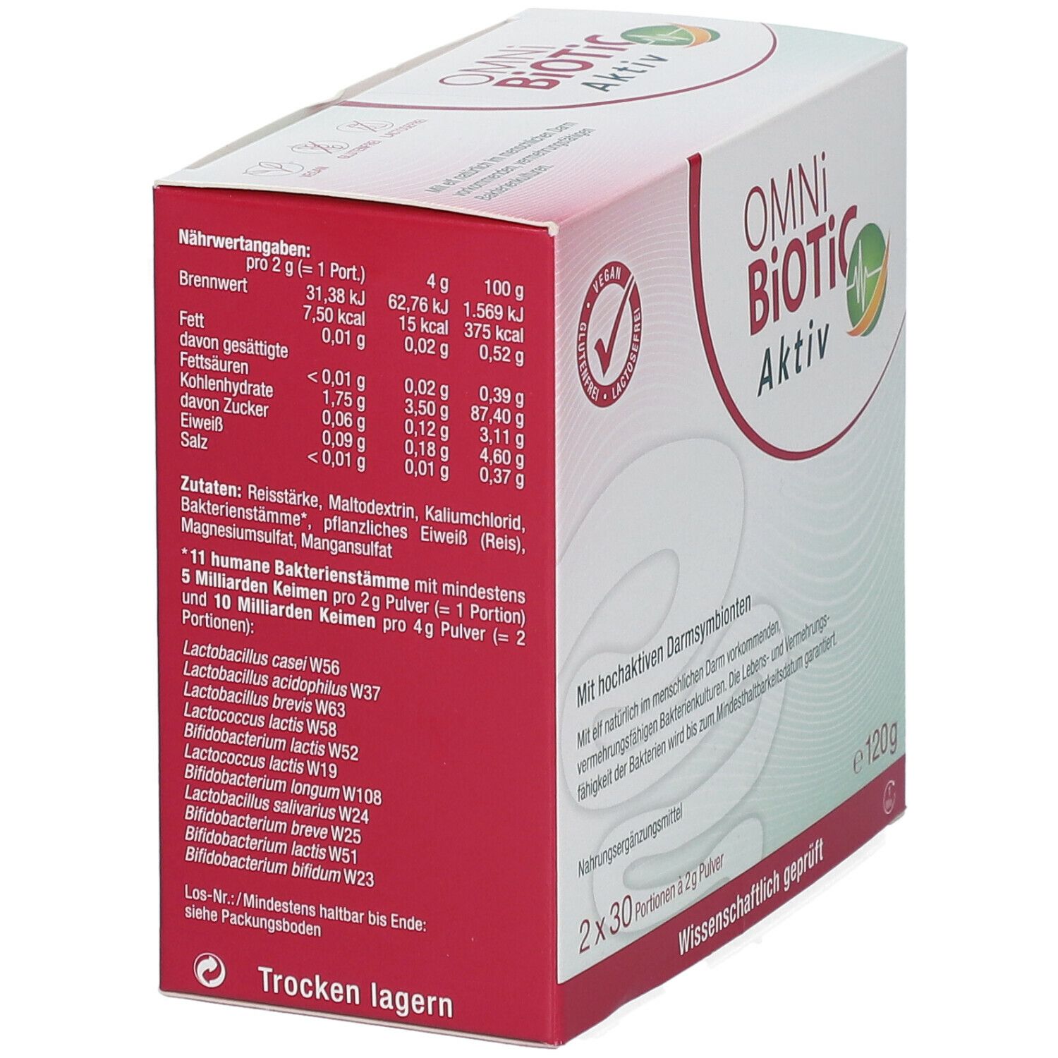 Karton OMNi BiOTiC Aktiv. Enthält Nährwertangaben und Zutatenliste. 120g. Enthält 11 Bakterienstämme. Trocken lagern.