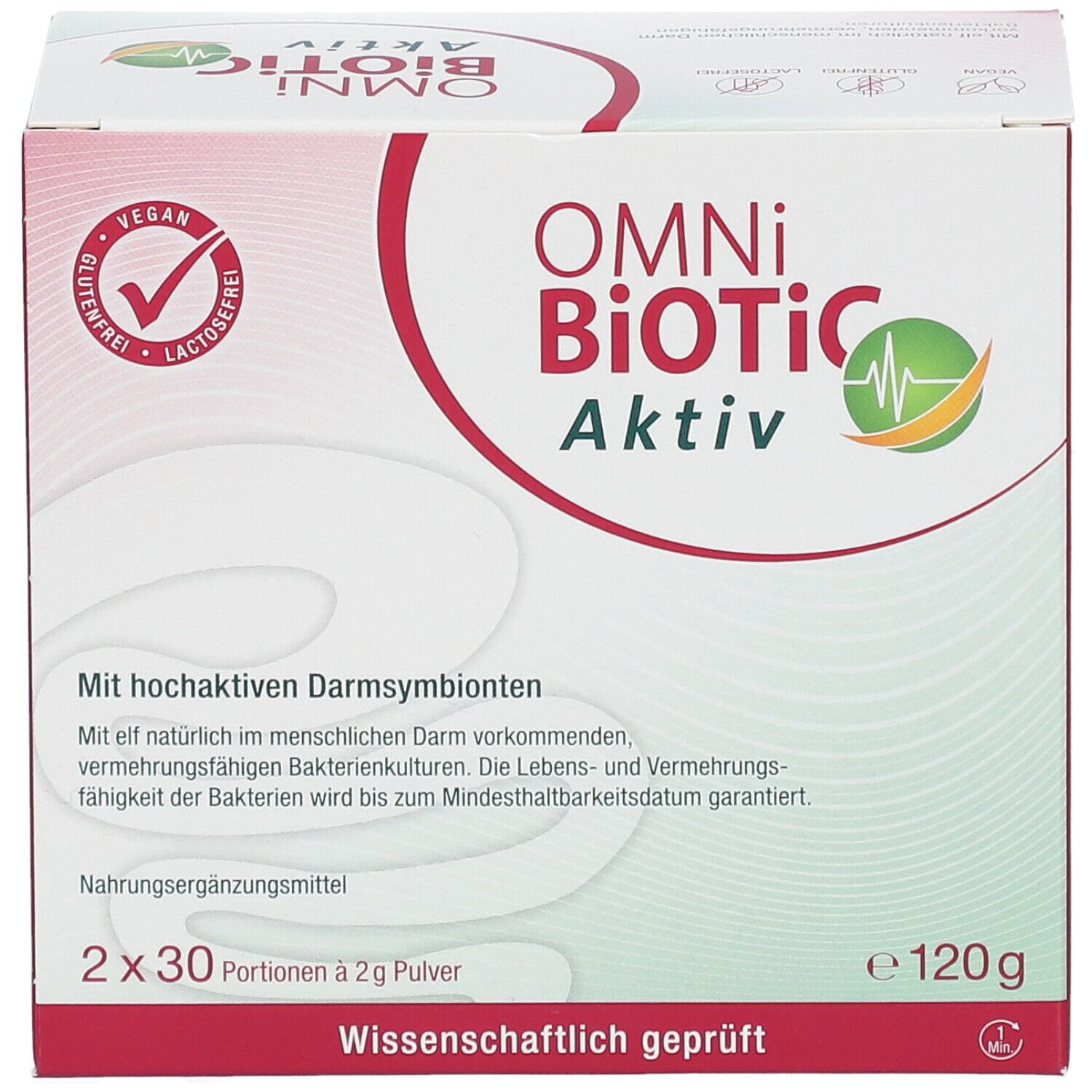 Karton OMNi BiOTiC Aktiv. Vegan, glutenfrei, laktosefrei. Enthält 2x30 Portionen Pulver. 120g. Wissenschaftlich geprüft.