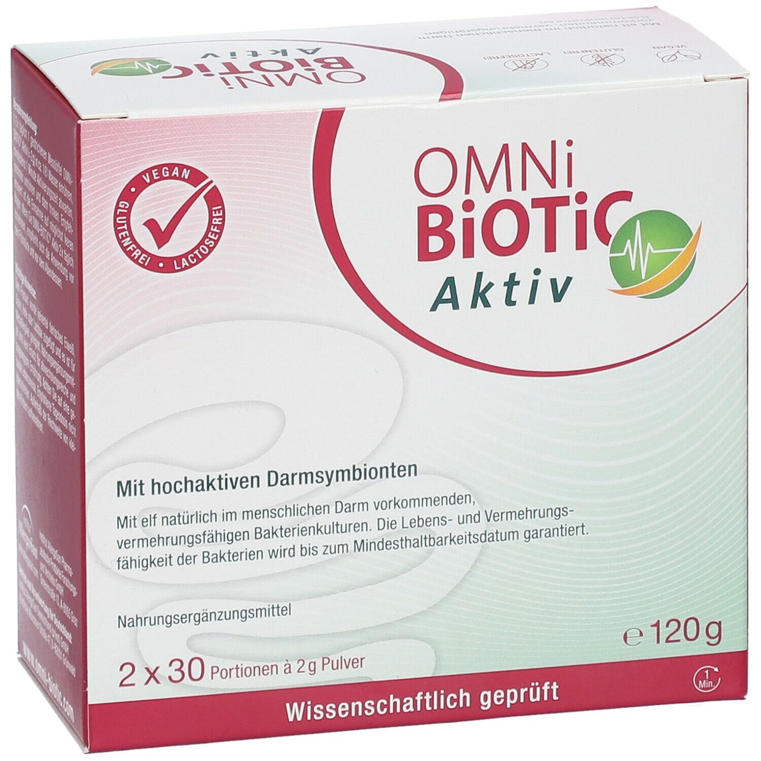 Karton OMNi BiOTiC Aktiv. Vegan, glutenfrei, laktosefrei. Enthält 2x30 Portionen Pulver. 120g. Wissenschaftlich geprüft.