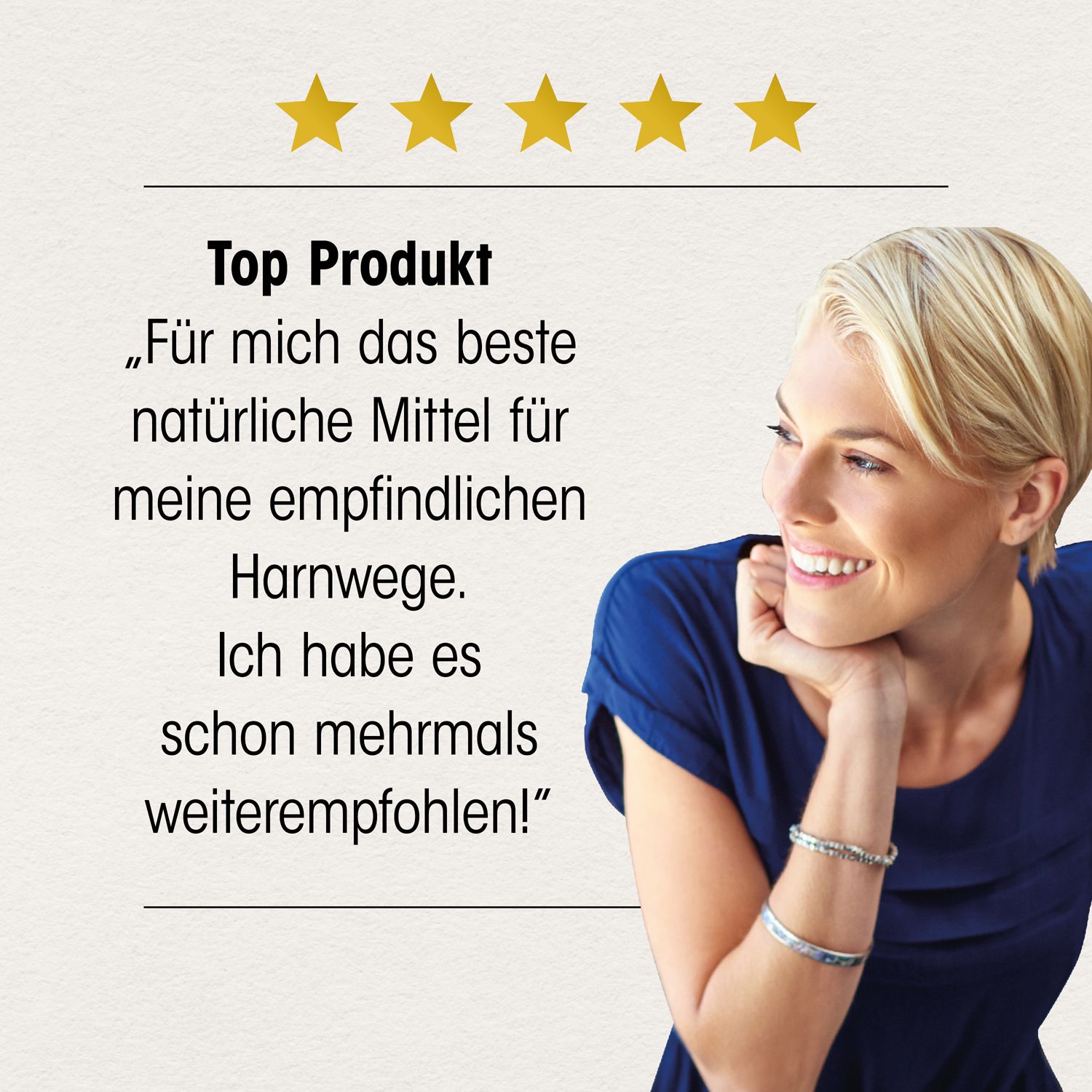 Femme souriante avec texte. Top produit. Citation : Remède naturel pour les voies urinaires sensibles.
