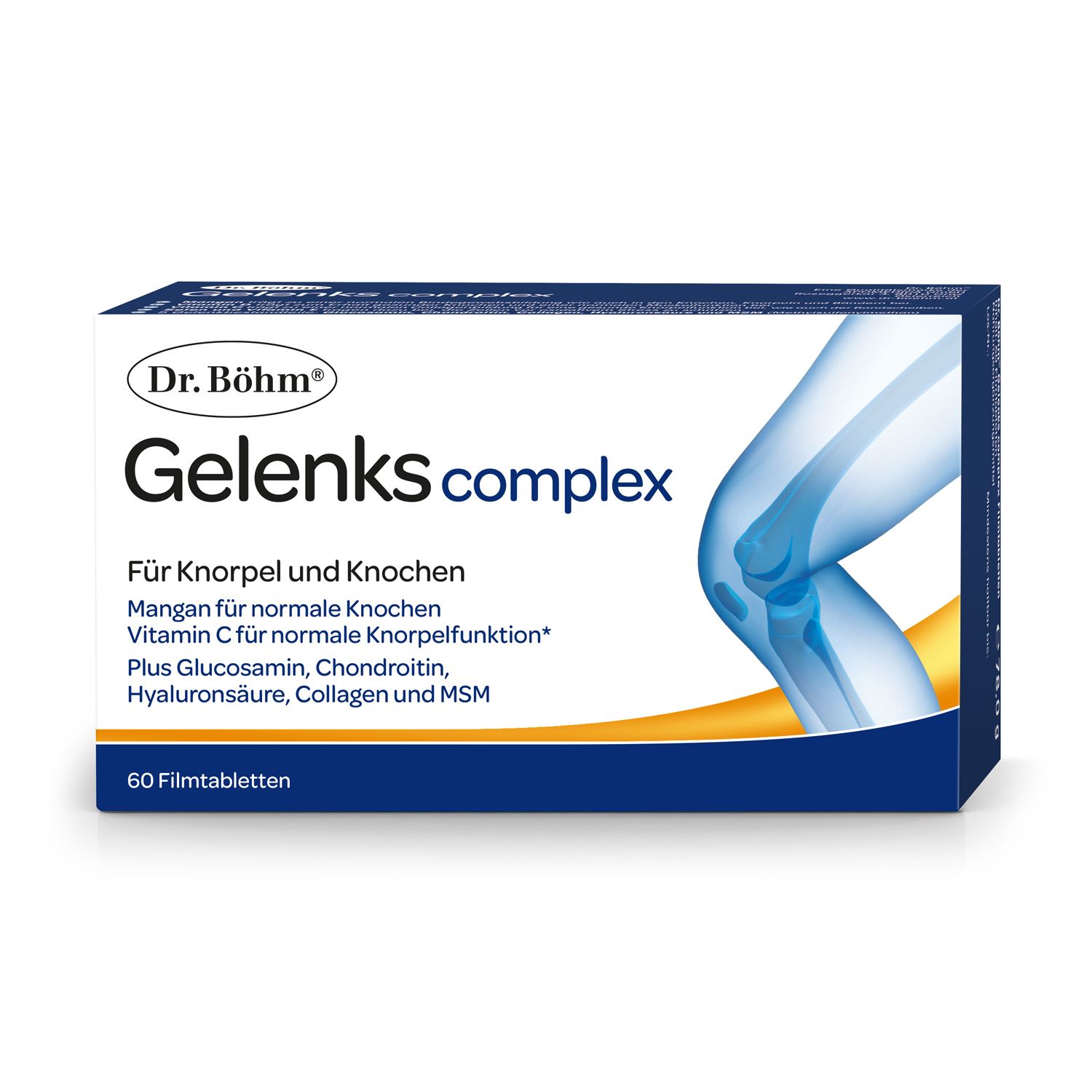 Schachtel mit Dr. Böhm Gelenkscomplex. Enthält 60 Filmtabletten. Aufschrift: Für Knorpel und Knochen.