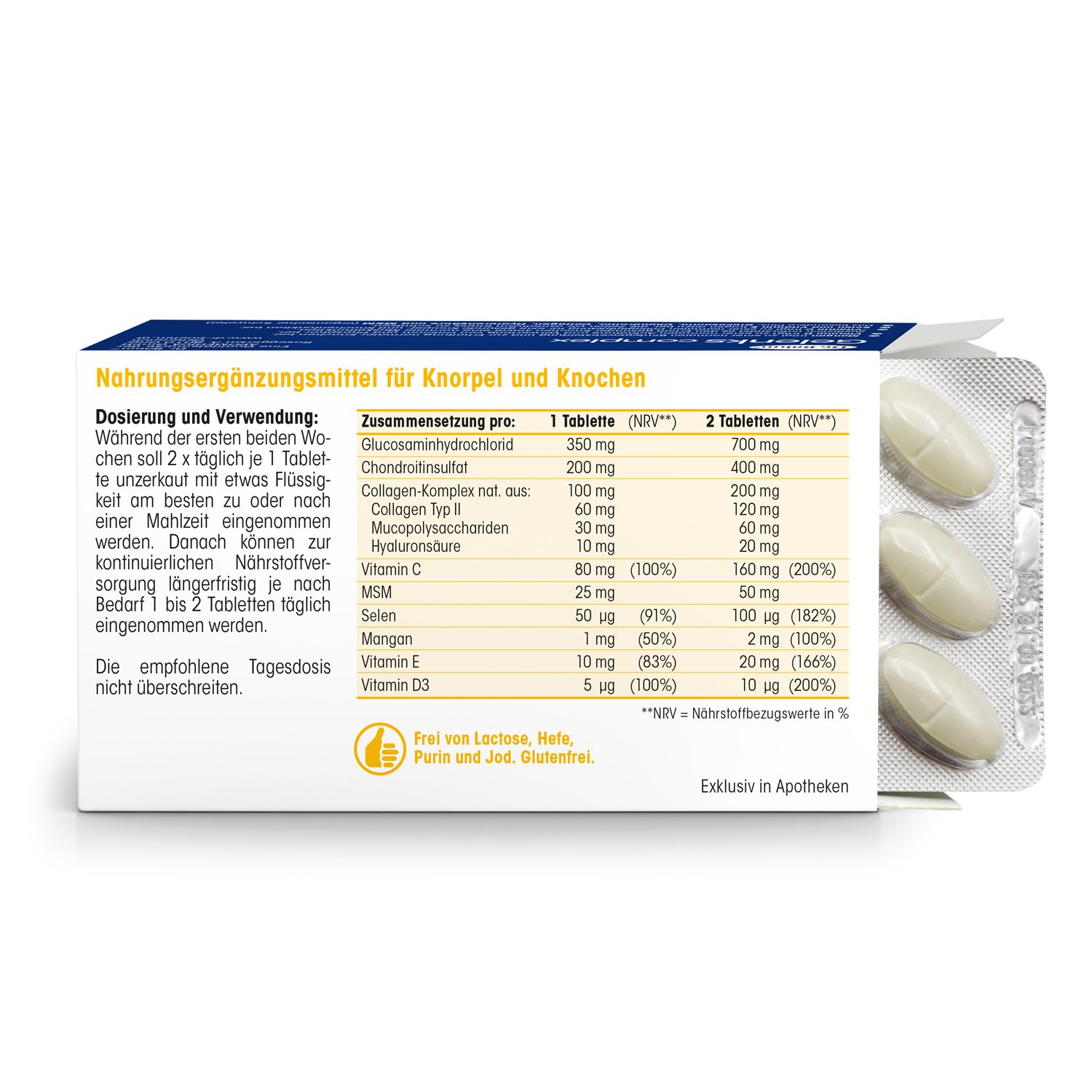 Rückseite der Dr. Böhm Gelenkscomplex-Verpackung. Enthält eine Tabelle mit Inhaltsstoffen und Dosierungsempfehlungen.