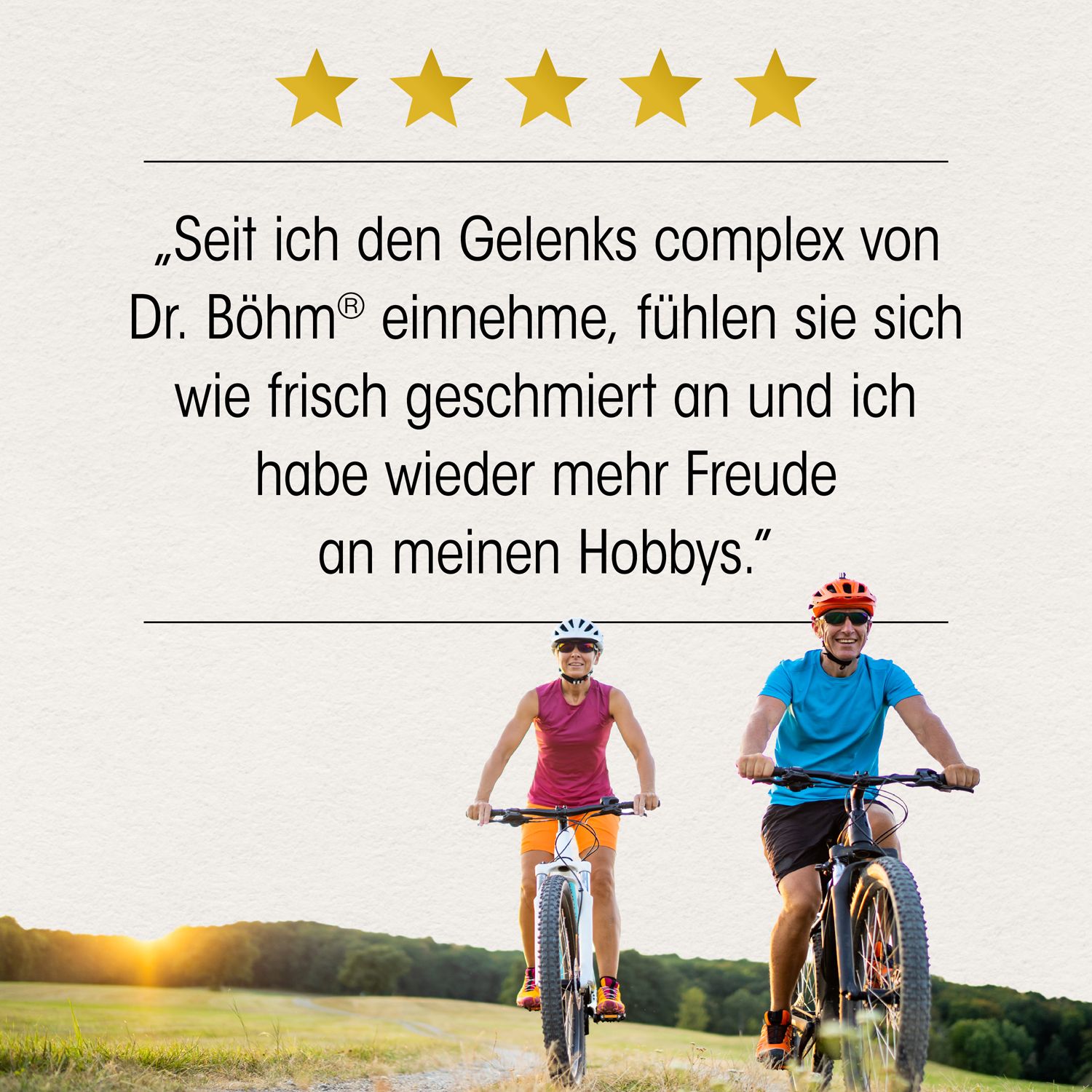 Zwei Radfahrer auf einem Feldweg. Zitat: Seit ich den Gelenks complex einnehme, fühle ich mich frisch.