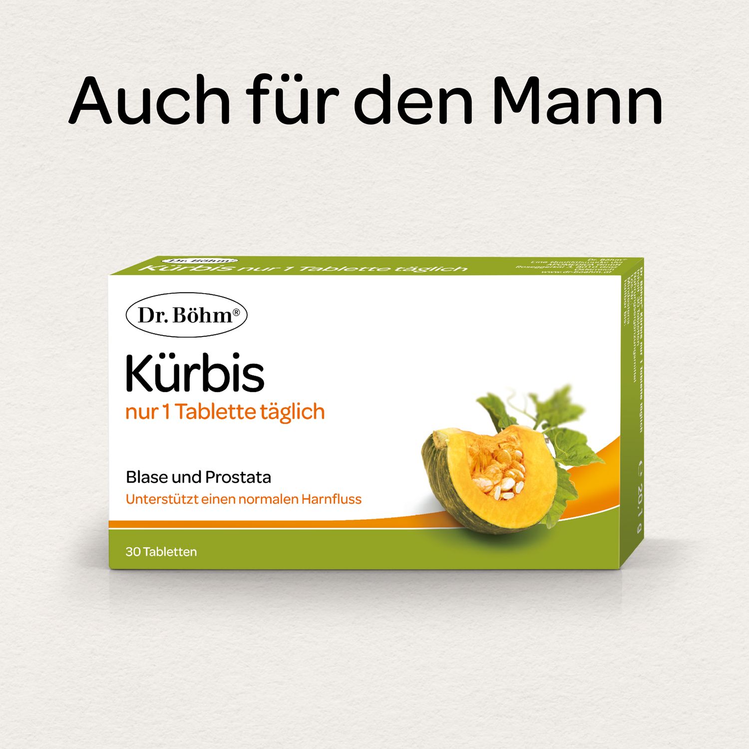 Schachtel Dr. Böhm Kürbis für den Mann. Produktname und Kürbis-Illustration. 30 Tabletten.