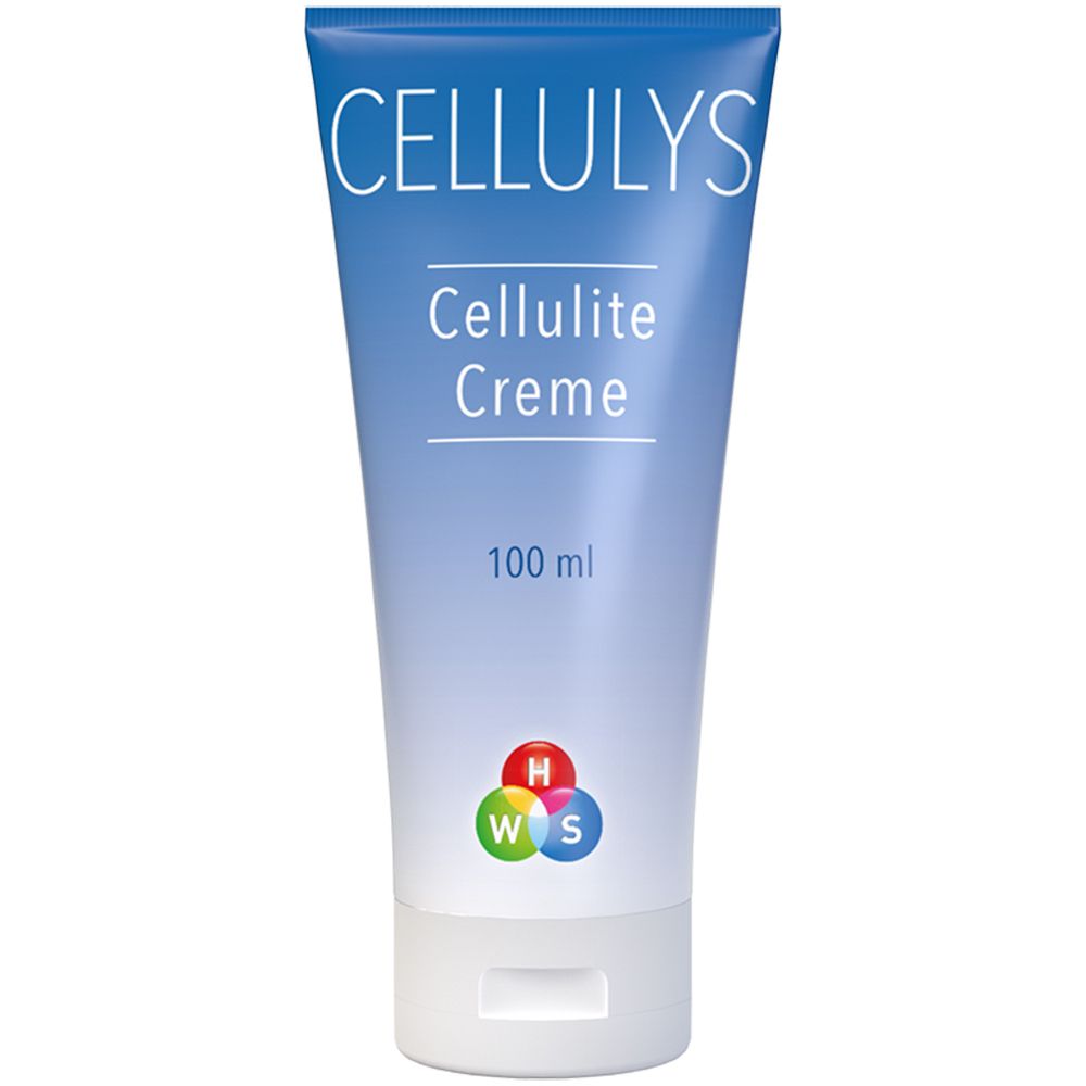 Blau-weiße Tube mit CELLULYS Cellulite Creme-Aufdruck. 100 ml. Farbige Logos unten.