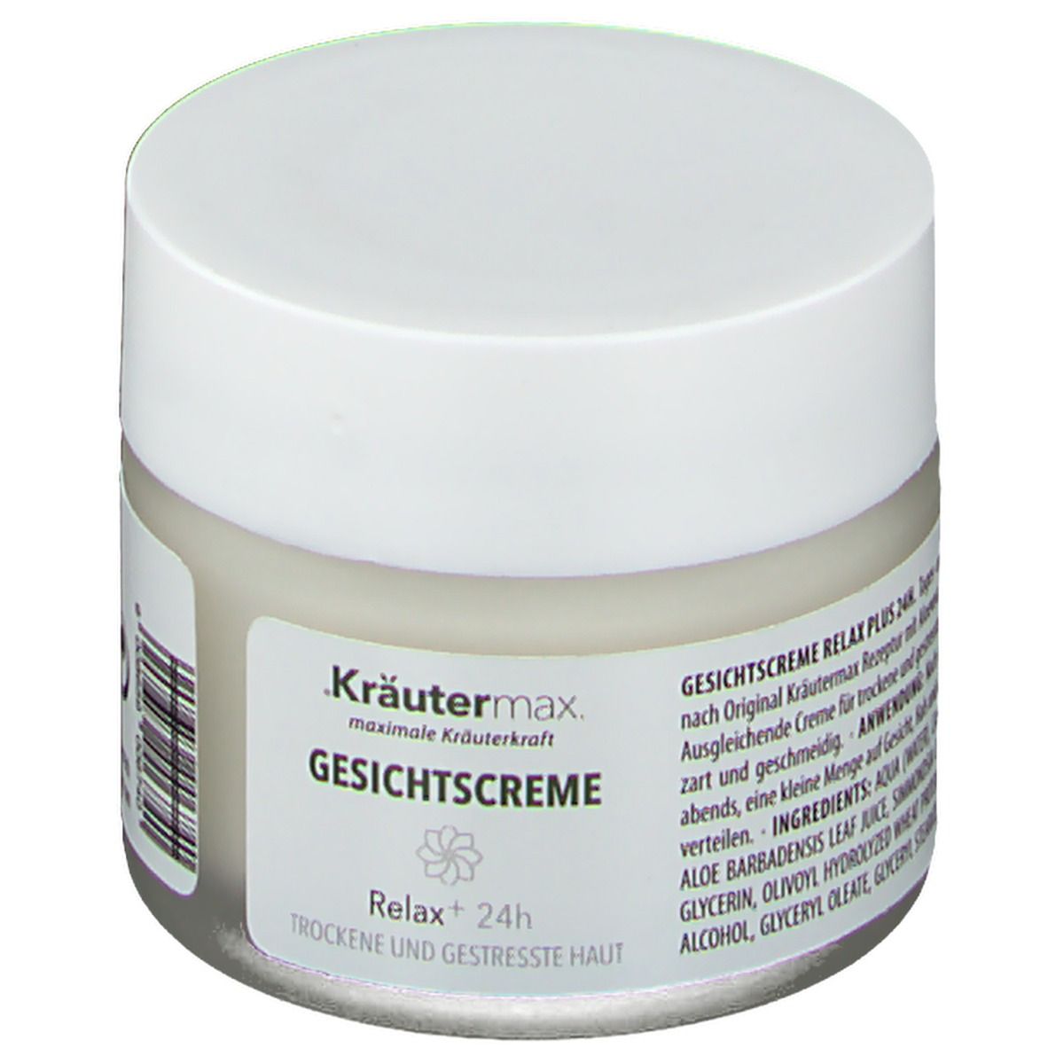 Creme-Tiegel mit weißem Deckel. Etikett mit Produktname und Marke Kräutermax. Text: Gesichtscreme Relax Plus.