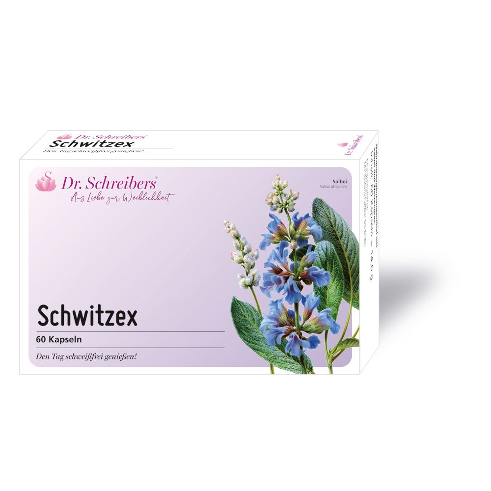 Dr. Schreibers Schwitzex Kapseln Verpackung mit floralem Design und Kräutern.