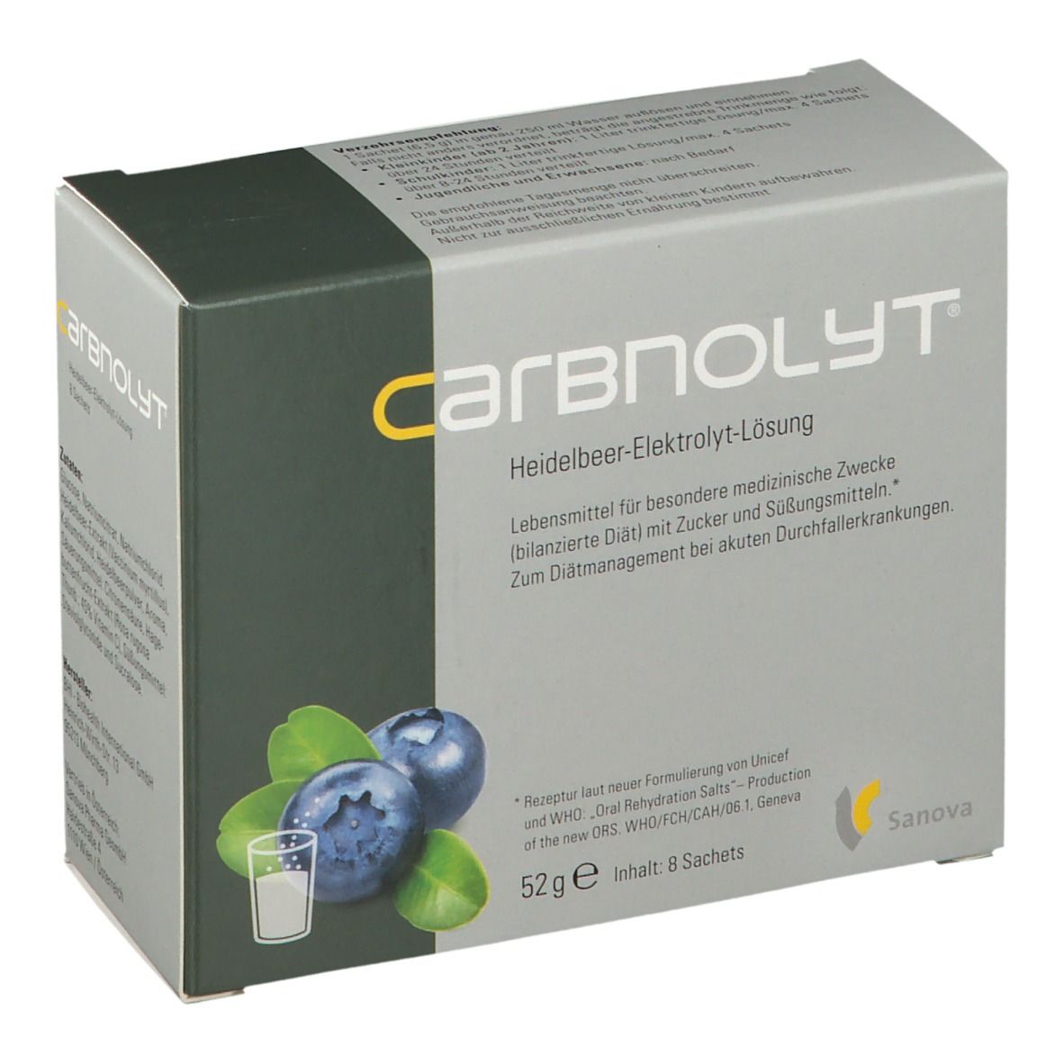 Karton carbnolyt® mit Heidelbeer-Elektrolyt-Lösung. Abbildung von Blaubeeren und Glas. Sanova Logo.