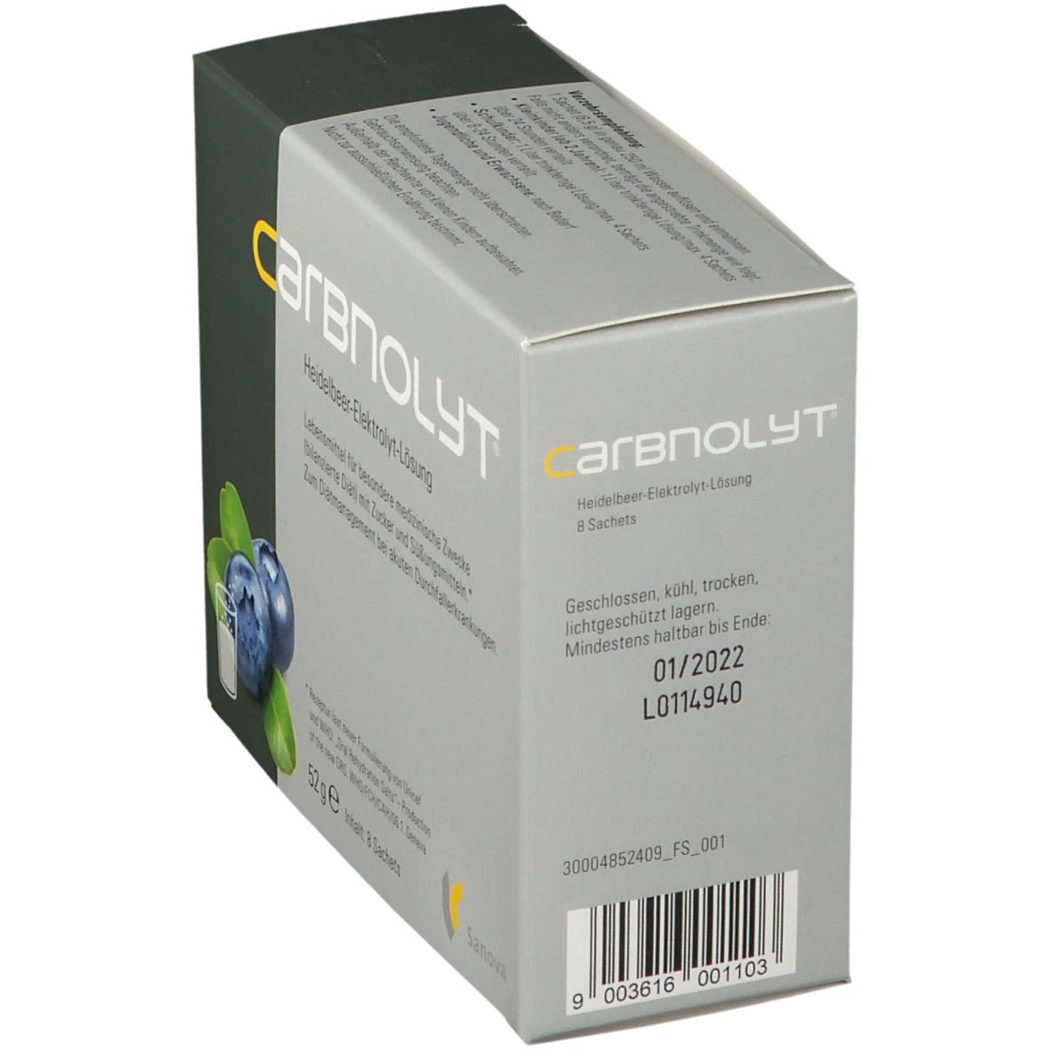Karton carbnolyt® in Schrägansicht. Text: Heidelbeer-Elektrolyt-Lösung, 8 Sachets. Mindesthaltbarkeit 01/2022.
