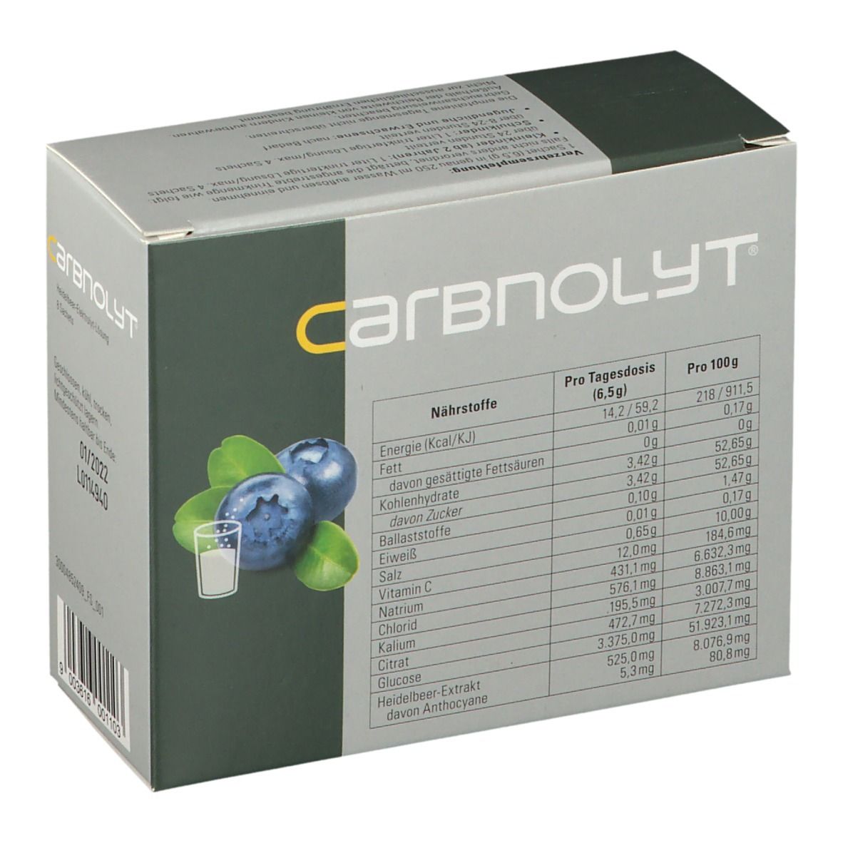 Karton carbnolyt® mit Nährwerttabelle. Abbildung von Blaubeeren und Glas. Text: Pro Tagesdosis (6,5g) und pro 100g.
