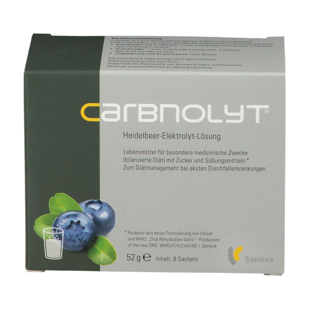 Karton carbnolyt® mit Heidelbeer-Elektrolyt-Lösung. Abbildung von Blaubeeren und Glas. Sanova Logo.