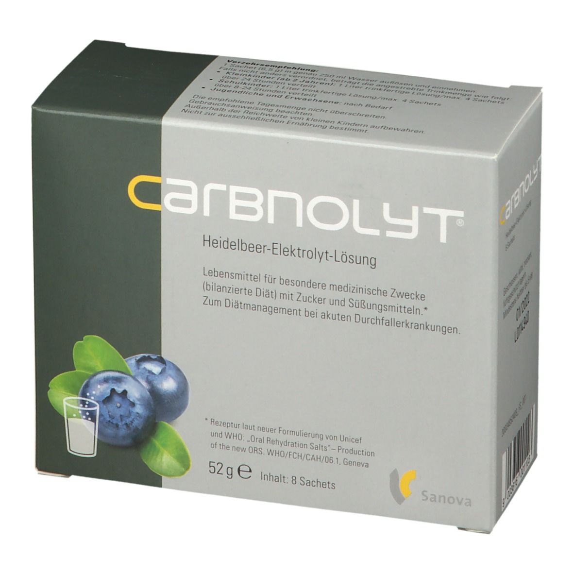 Karton carbnolyt® mit Heidelbeer-Elektrolyt-Lösung. Abbildung von Blaubeeren und Glas. Sanova Logo.