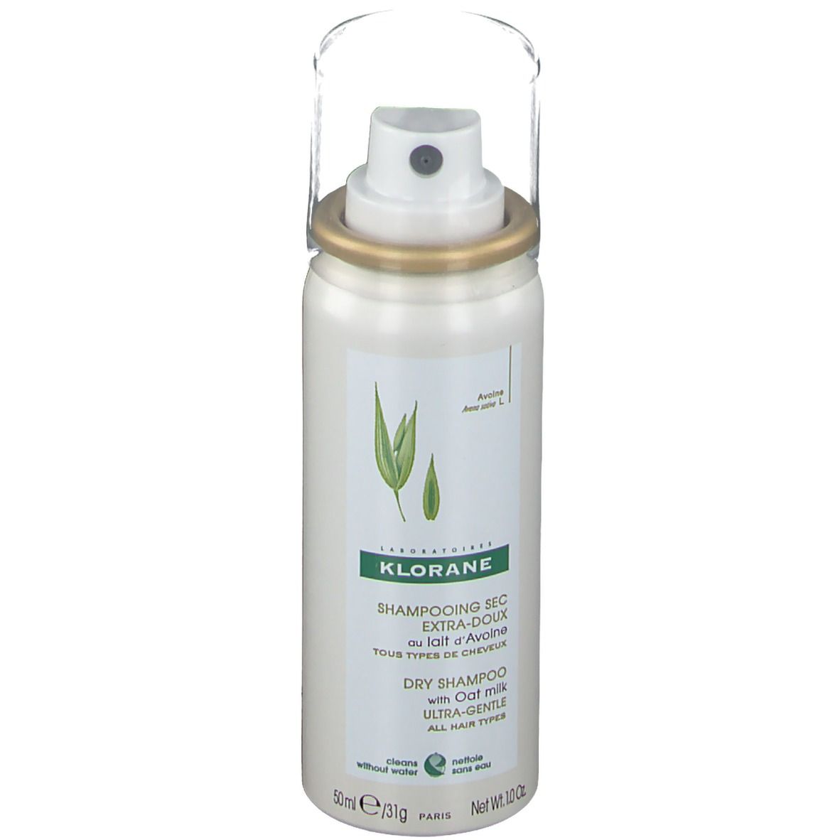Weißes Spray mit Sprühkopf und goldfarbenem Ring. Etikett mit Logo und Produktbezeichnung. "Shampooing Sec" und "Dry Shampoo" lesbar.
